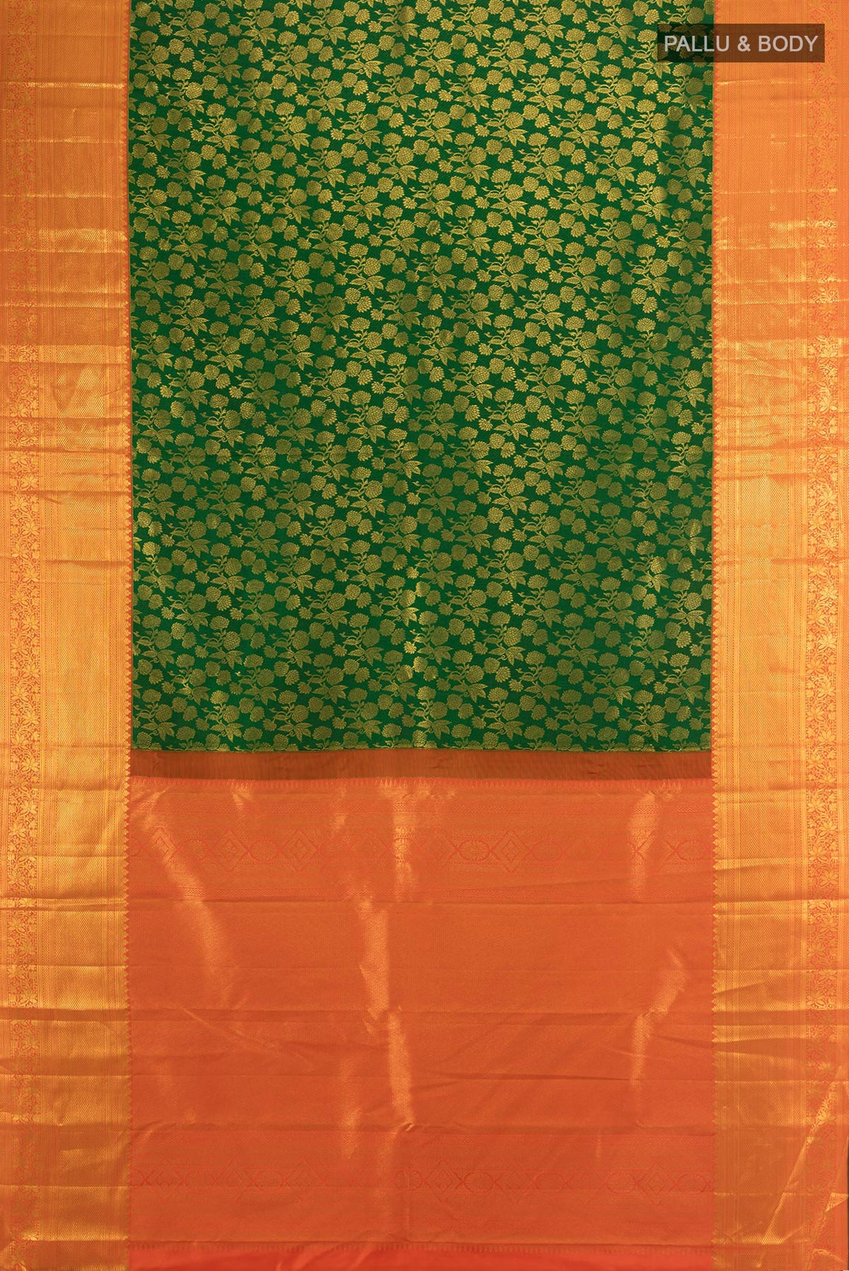 Flat view of Pure Silk Green Kanjivaram Saree with Zari Brocade on the body and Zari Border. 