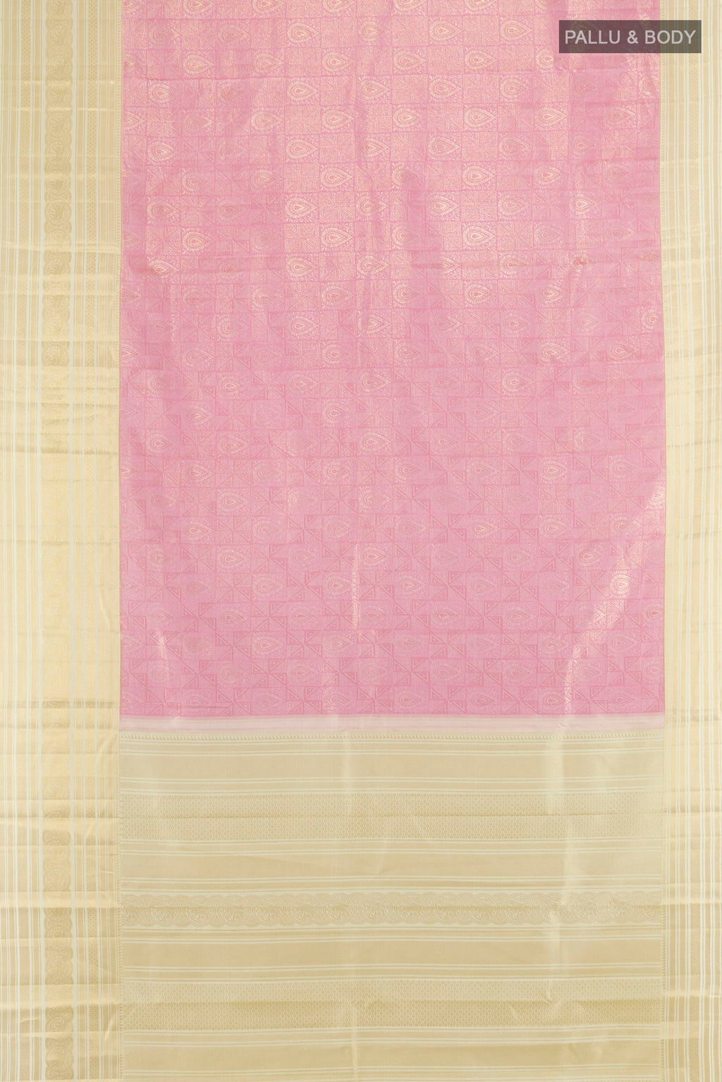 Flat view of Pure Silk Rose pink Kanjivaram Saree with Zari Brocade on the body and Zari Border. 