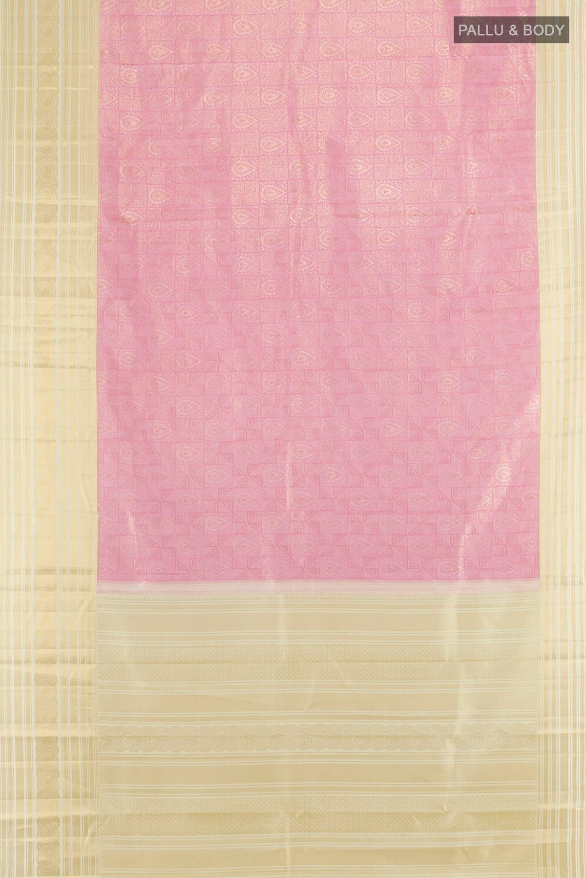 Flat view of Pure Silk Rose pink Kanjivaram Saree with Zari Brocade on the body and Zari Border. 
