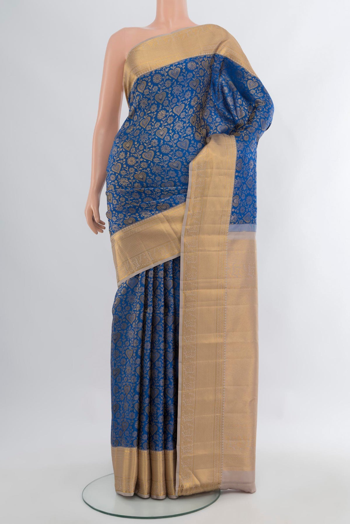 Royal Blue Kanjivaram Silk Saree with Zari Brocade on the body and Zari Border.  displayed on a mannequin