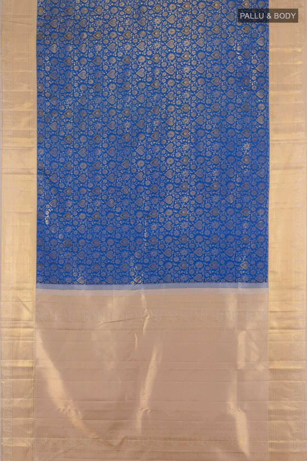 Flat view of Royal Blue Kanjivaram Silk Saree with Zari Brocade on the body and Zari Border. 
