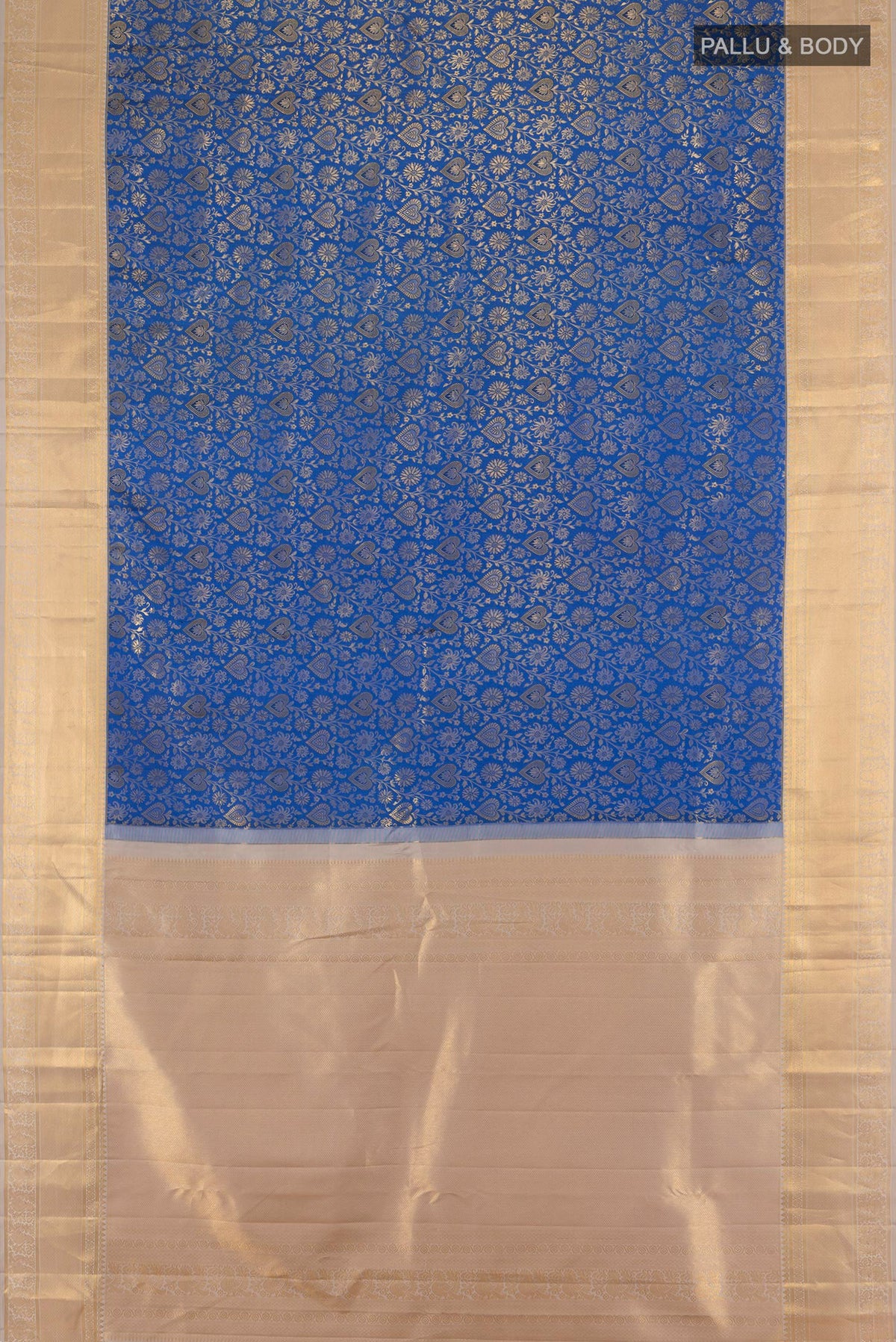 Flat view of Royal Blue Kanjivaram Silk Saree with Zari Brocade on the body and Zari Border. 
