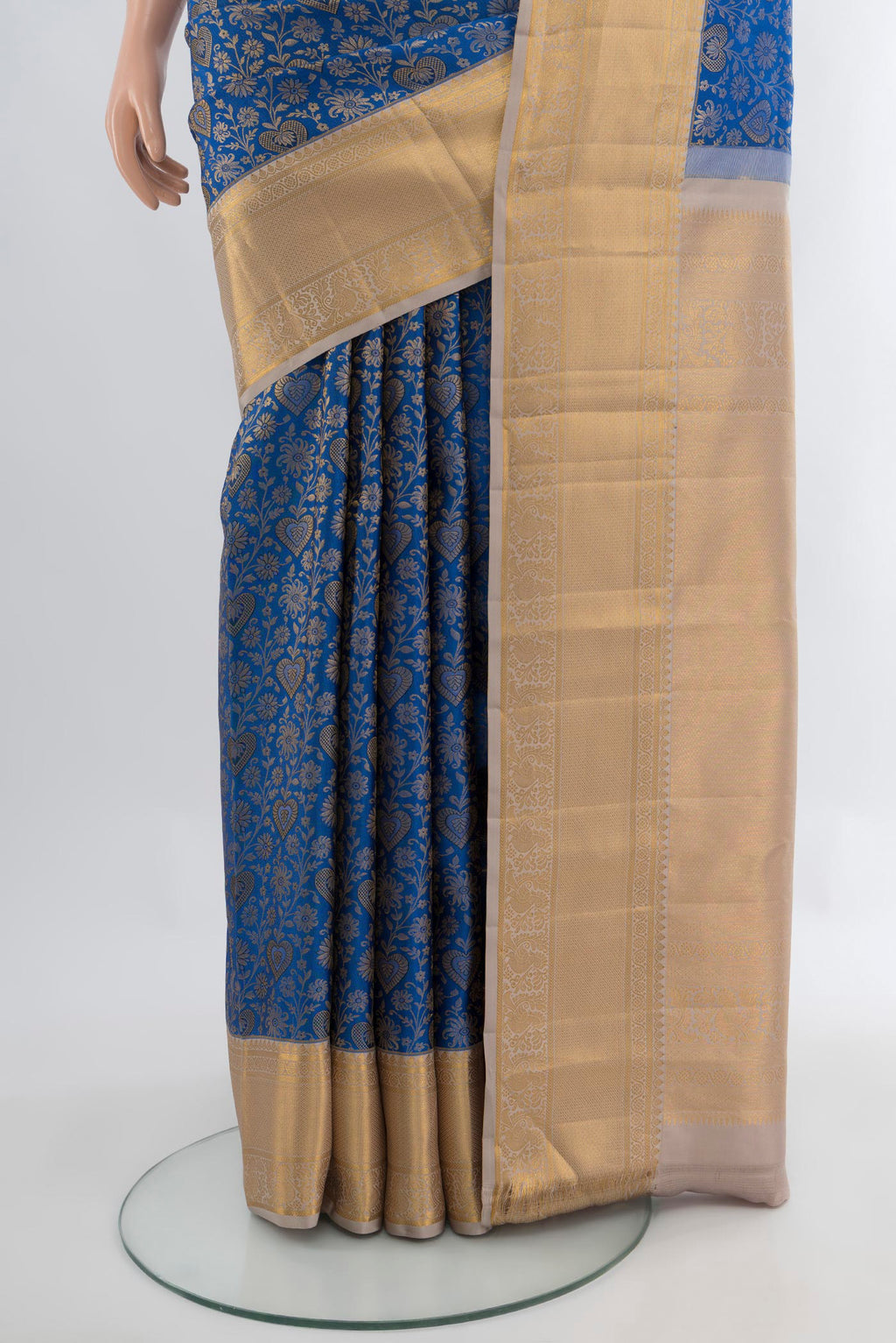 Pleats and pallu of Royal Blue Kanjivaram Silk Saree with Zari Brocade on the body and Zari Border. 