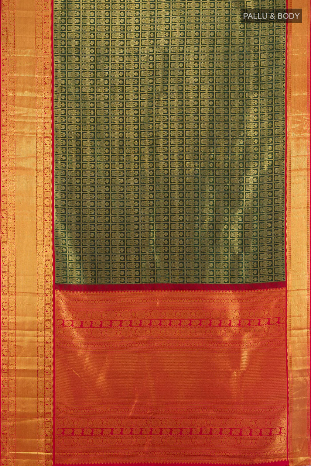 Flat view of Bottle Green Kanjivaram Silk Saree with Zari Brocade on the body and Zari Border. 