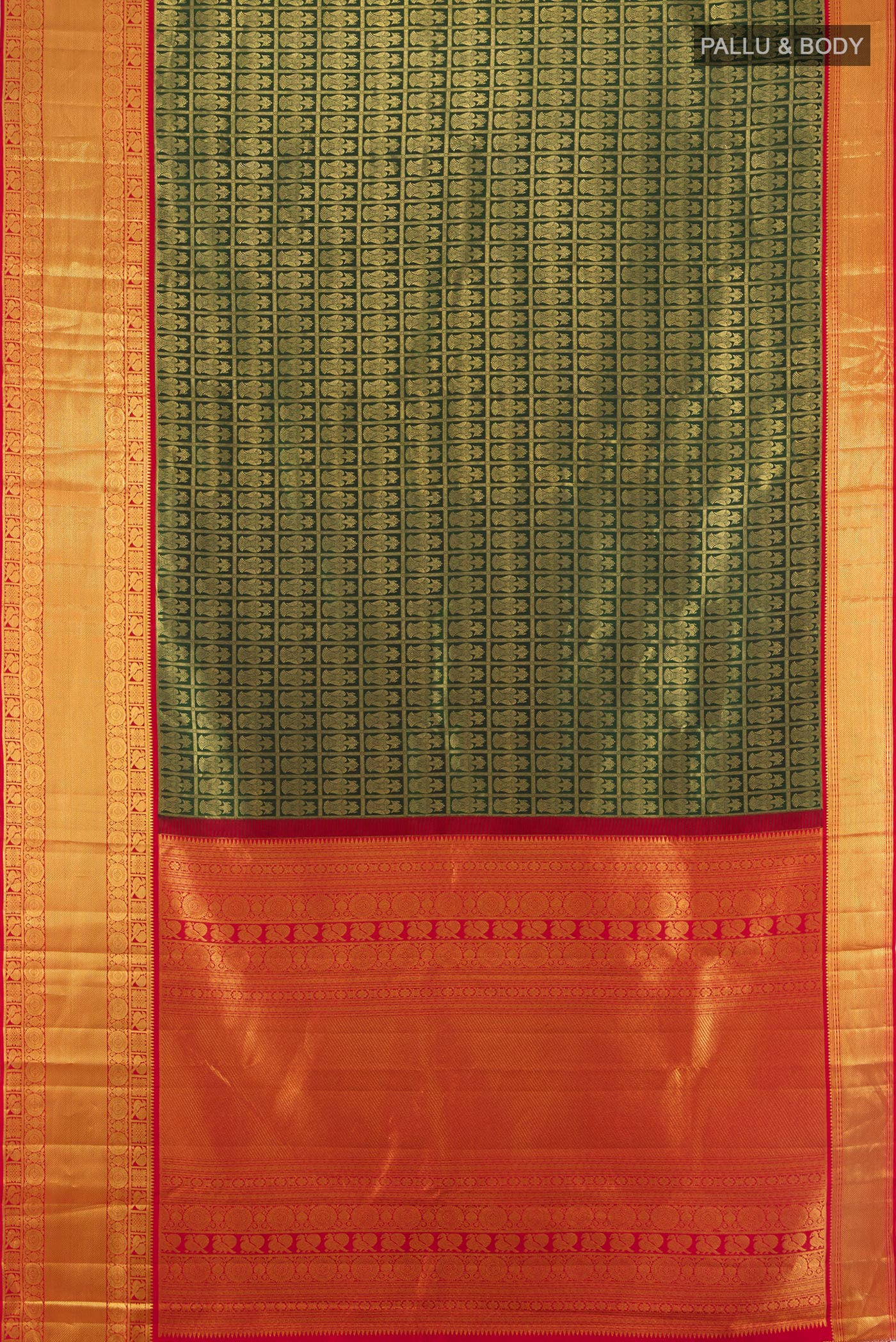 Flat view of Bottle Green Kanjivaram Silk Saree with Zari Brocade on the body and Zari Border. 