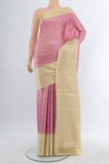 Rose pink Kanjivaram Silk Saree with Zari Brocade on the body and Zari Border.  displayed on a mannequin