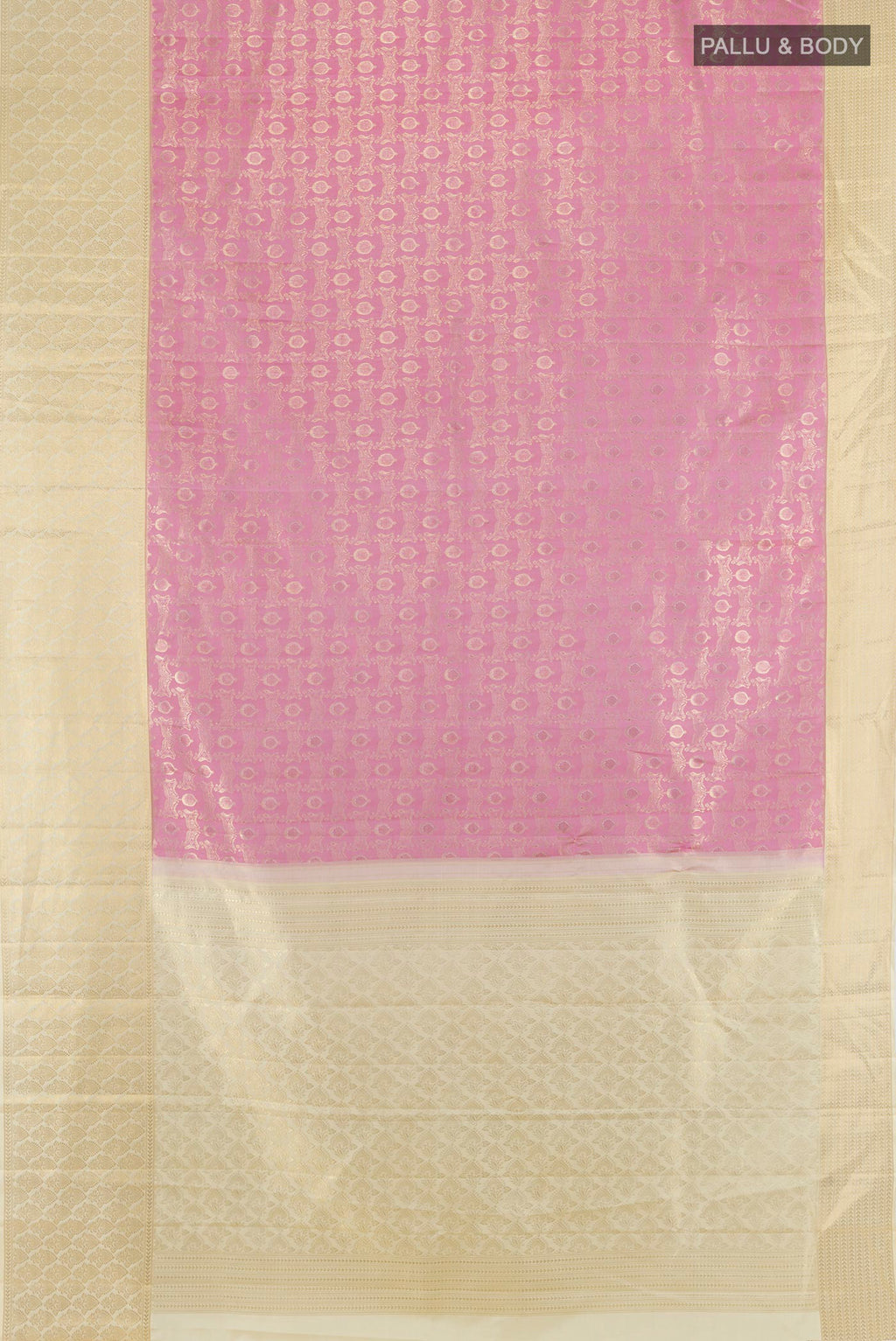 Flat view of Rose pink Kanjivaram Silk Saree with Zari Brocade on the body and Zari Border. 