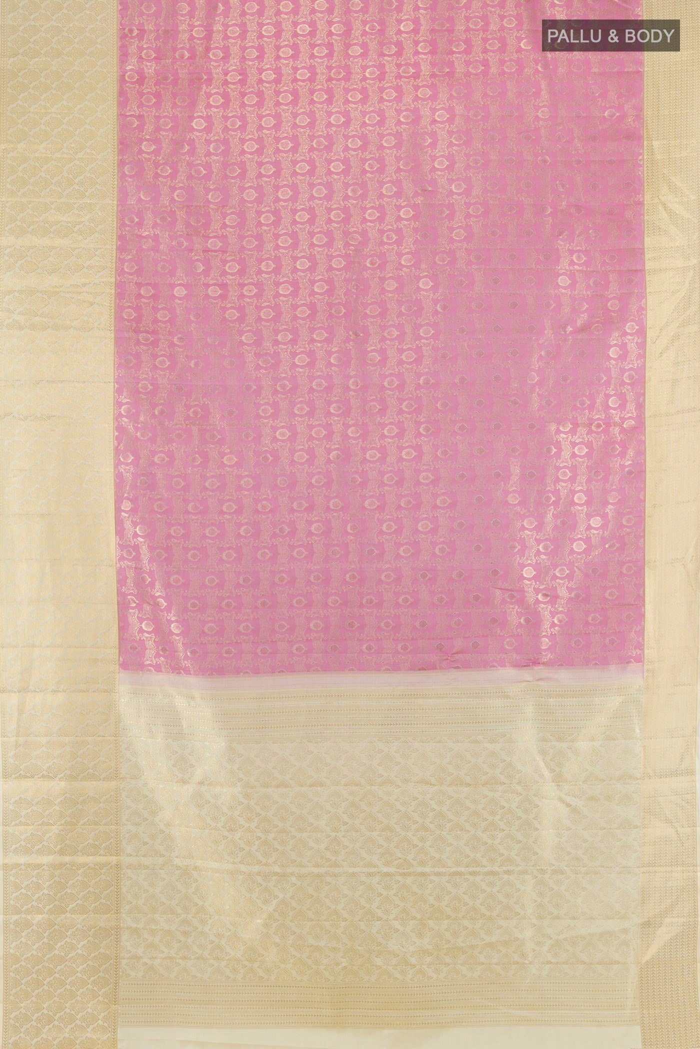 Flat view of Rose pink Kanjivaram Silk Saree with Zari Brocade on the body and Zari Border. 