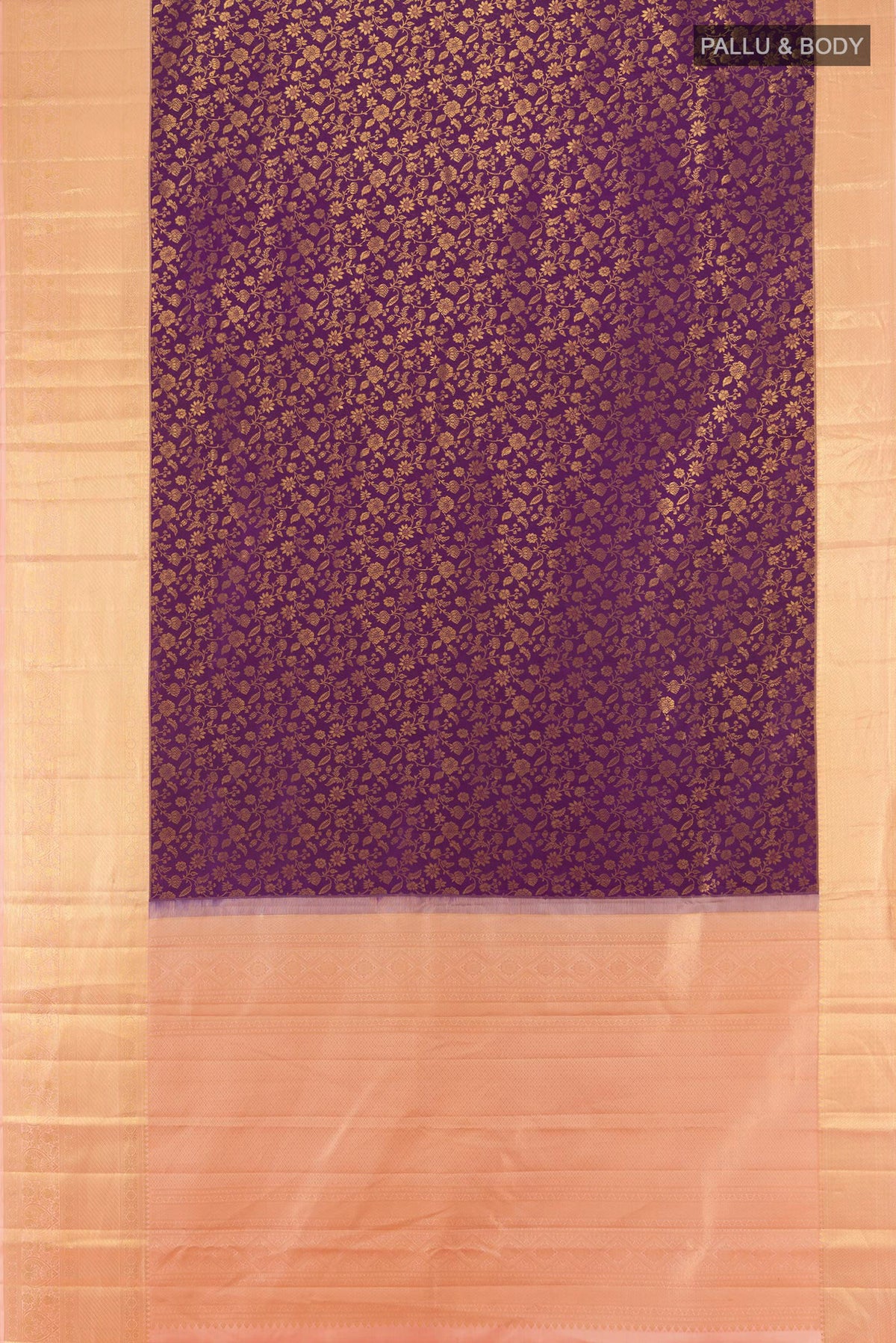 Flat view of Violet Kanjivaram Silk Saree with Zari Brocade on the body and Zari Border. 