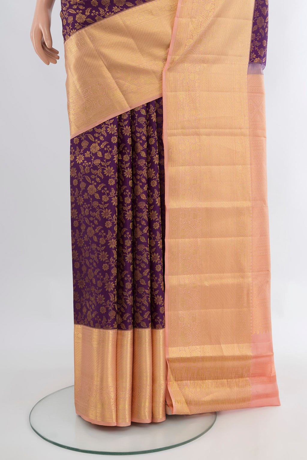 Pleats and pallu of Violet Kanjivaram Silk Saree with Zari Brocade on the body and Zari Border. 