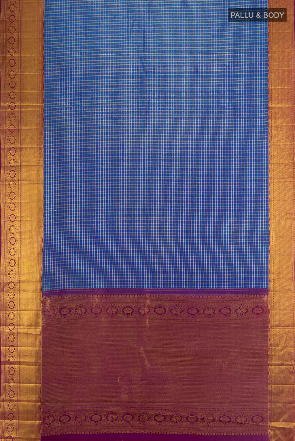 Flat view of Pure Silk Royal Blue Kanjivaram Saree with Checked design on the body and Zari Border. 