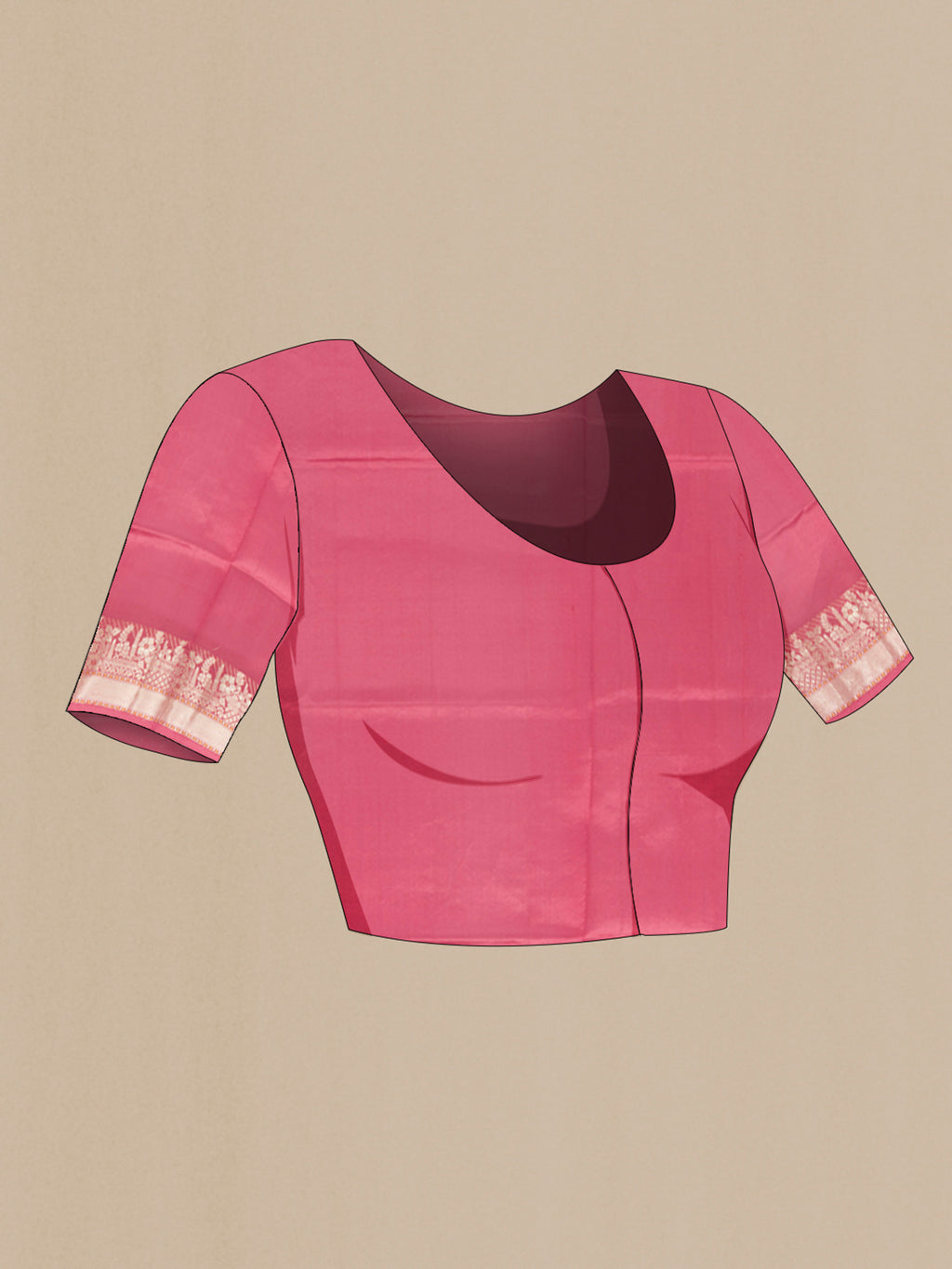 Close up image of the blouse of Pure Silk Coral Banarasi Raw Saree with Zari Butta on the body and Zari Border. 