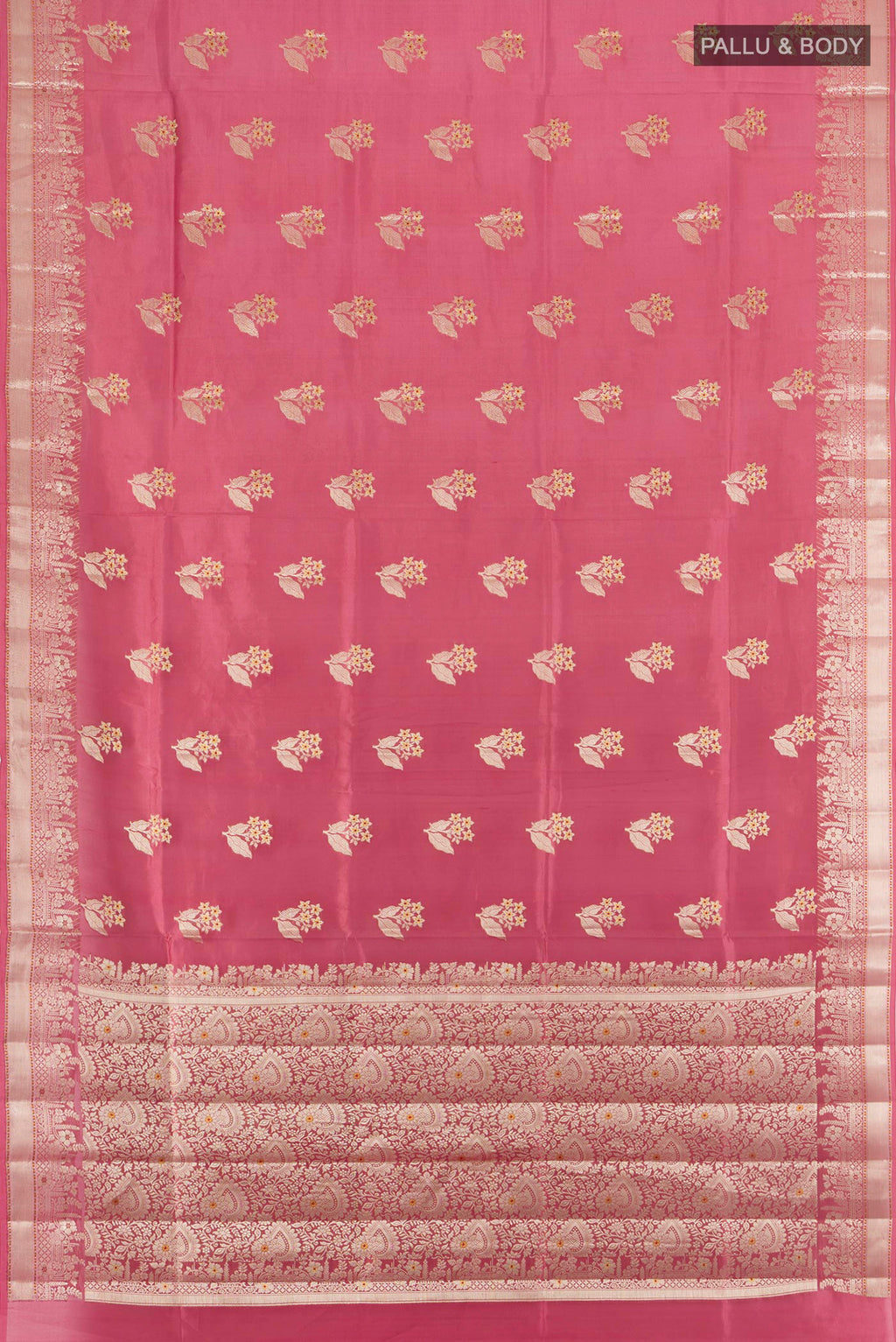 Flat view of Pure Silk Coral Banarasi Raw Saree with Zari Butta on the body and Zari Border. 