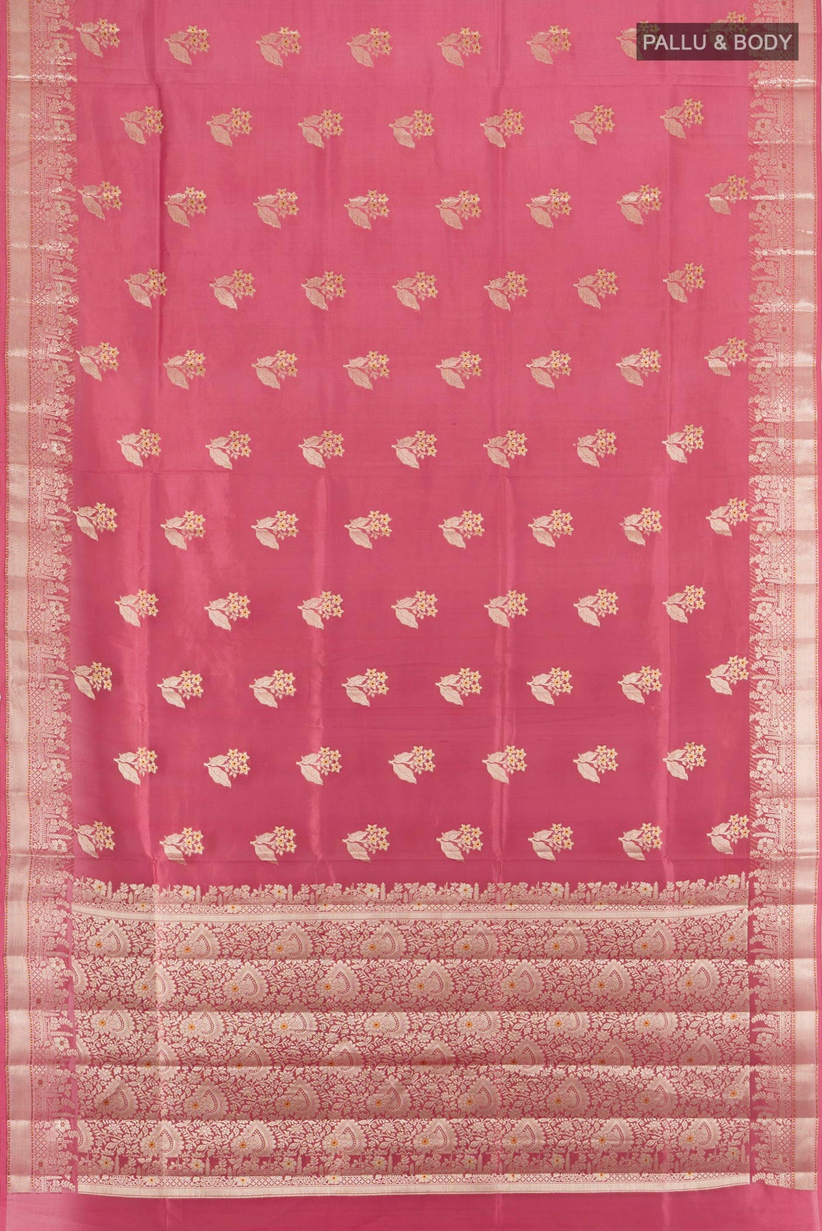 Flat view of Pure Silk Coral Banarasi Raw Saree with Zari Butta on the body and Zari Border. 