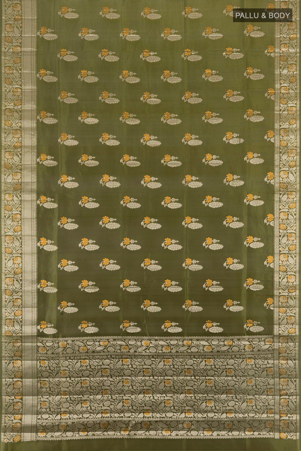 Flat view of Pure Silk Green Banarasi Raw Saree with Zari Butta on the body and Zari Border. 