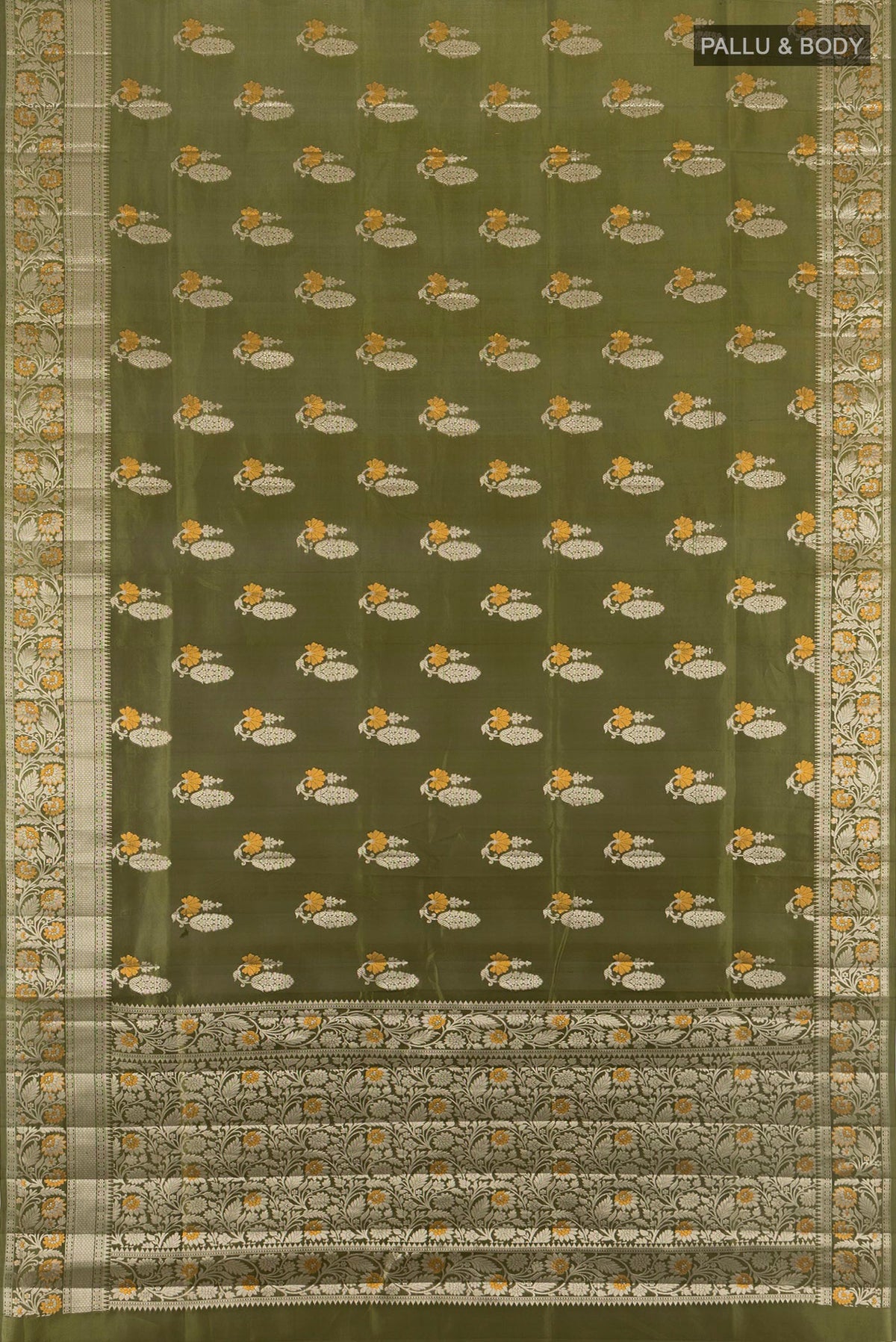 Flat view of Pure Silk Green Banarasi Raw Saree with Zari Butta on the body and Zari Border. 