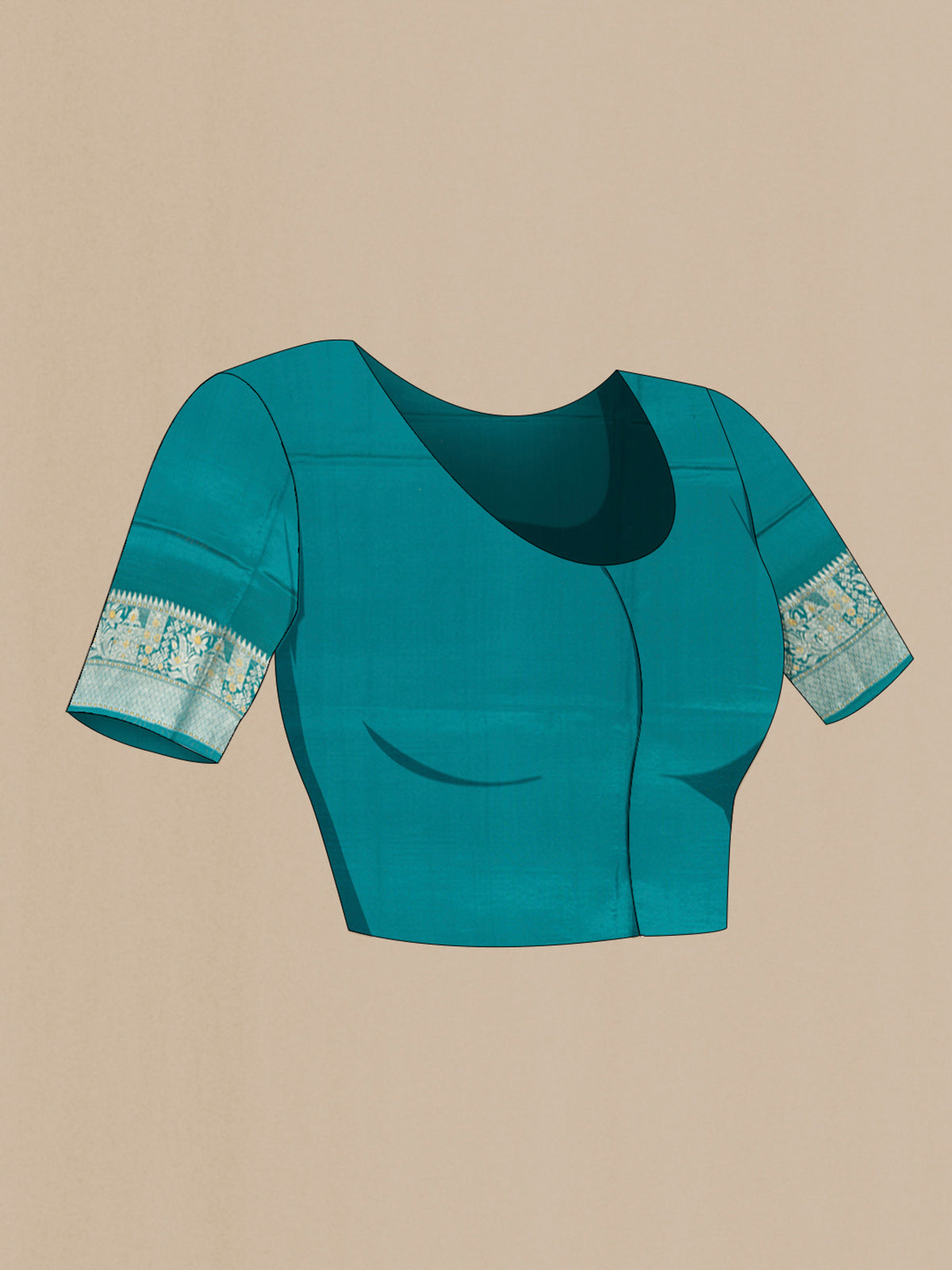 Close up image of the blouse of Pure Silk Peacock Blue Banarasi Raw Saree with Zari Butta on the body and Zari Border. 
