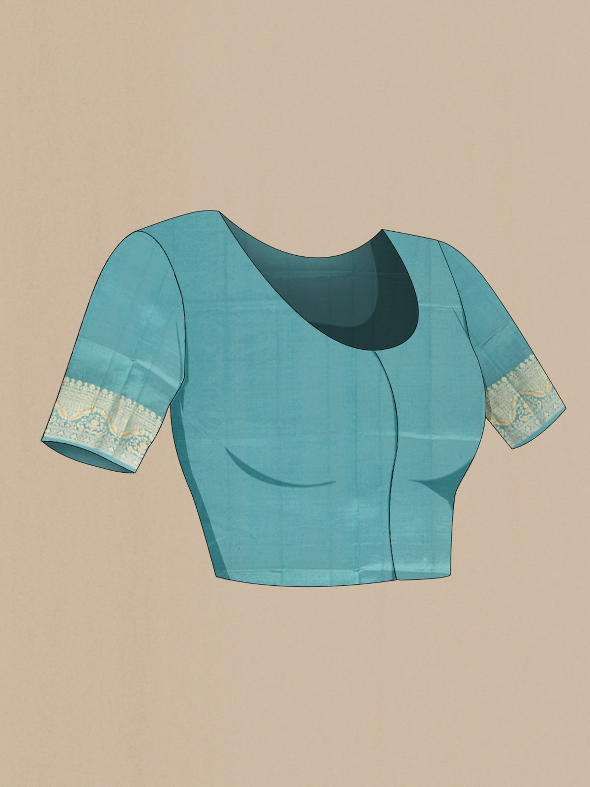 Close up image of the blouse of Pure Silk Light Blue Banarasi Raw Saree with Zari Brocade on the body and Zari Border. 