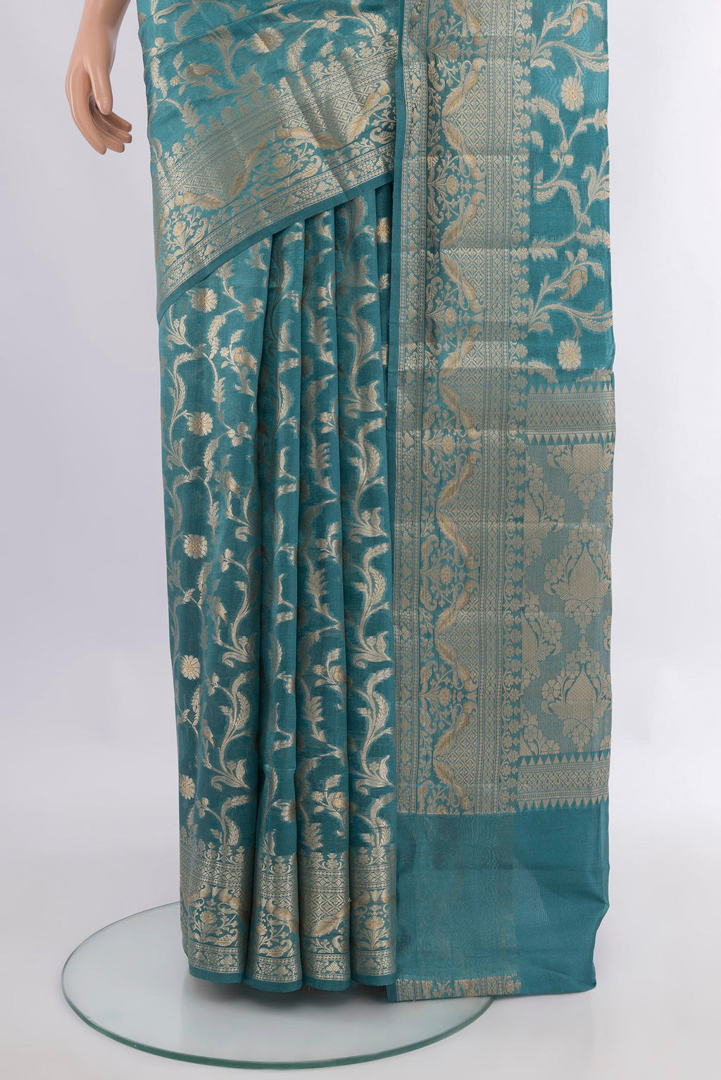 Pleats and pallu of Pure Silk Light Blue Banarasi Raw Saree with Zari Brocade on the body and Zari Border. 