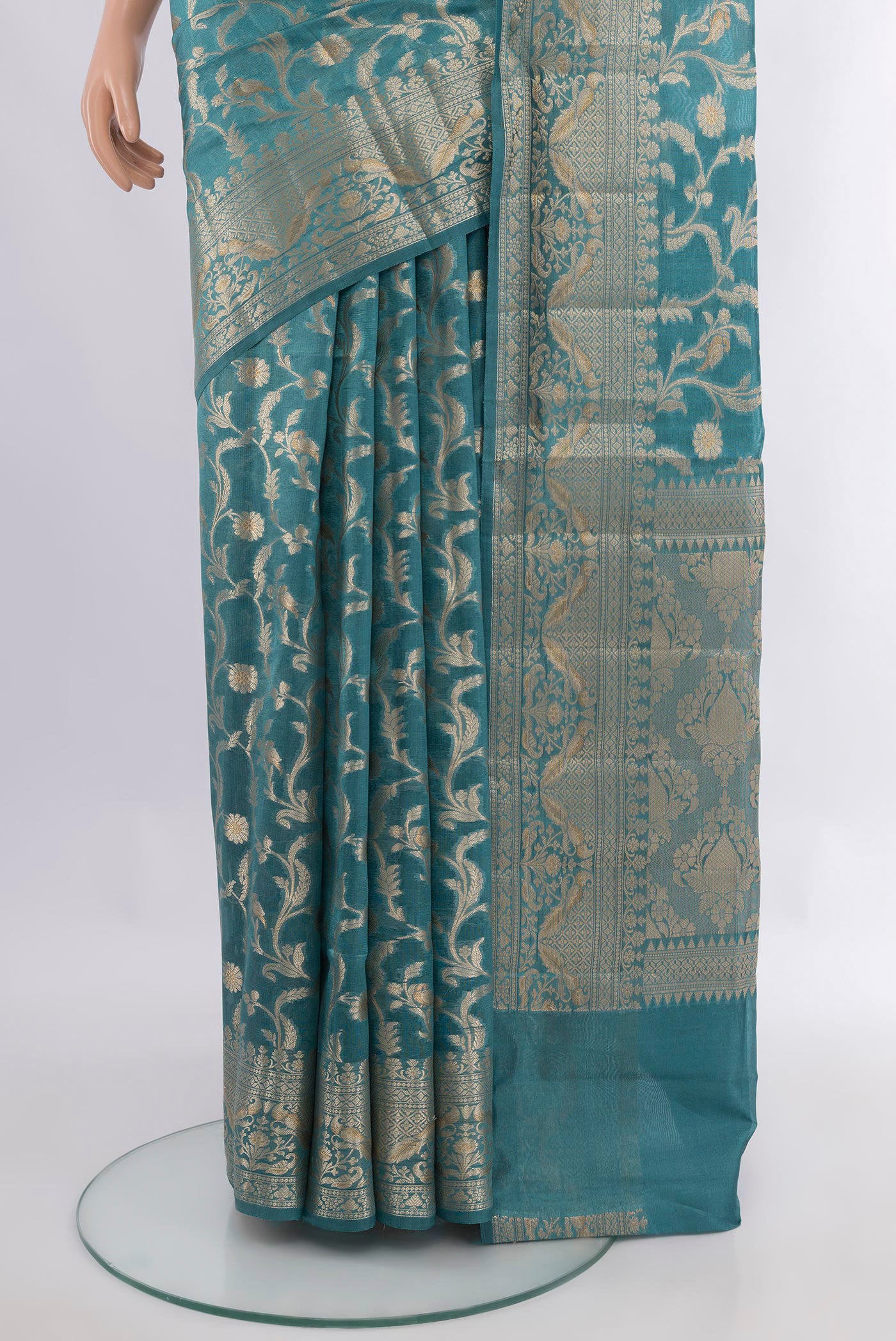Pleats and pallu of Pure Silk Light Blue Banarasi Raw Saree with Zari Brocade on the body and Zari Border. 