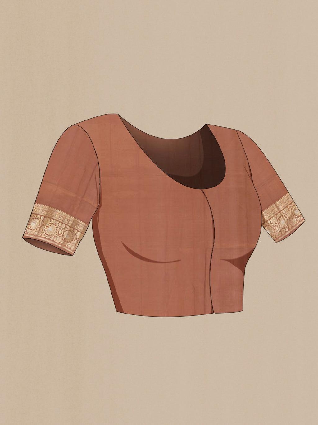 Close up image of the blouse of Pure Silk Brown Banarasi Raw Saree with Zari Butta on the body and Zari Border. 
