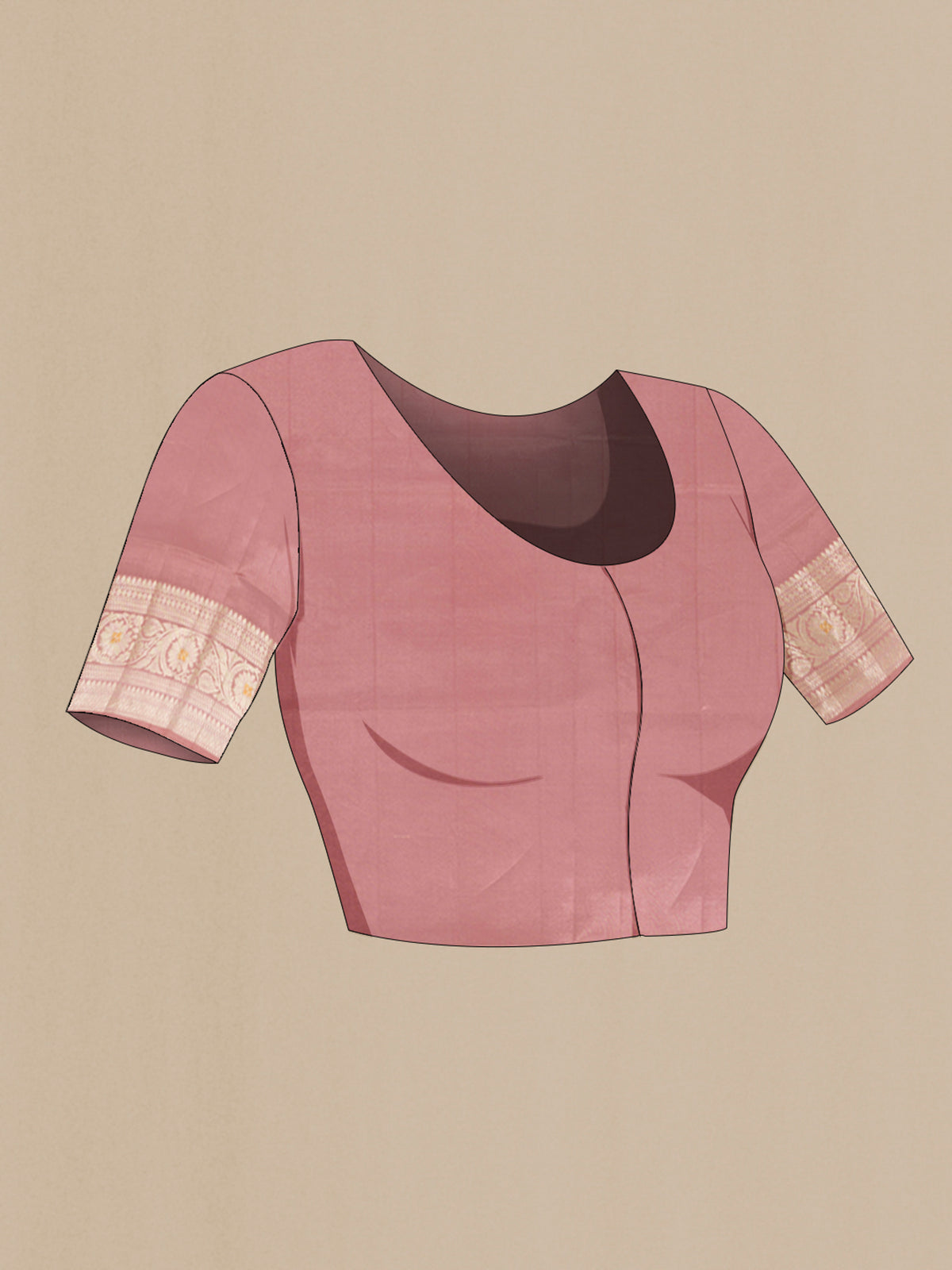 Close up image of the blouse of Pure Silk Rose Gold Banarasi Raw Saree with Zari Butta on the body and Zari Border. 