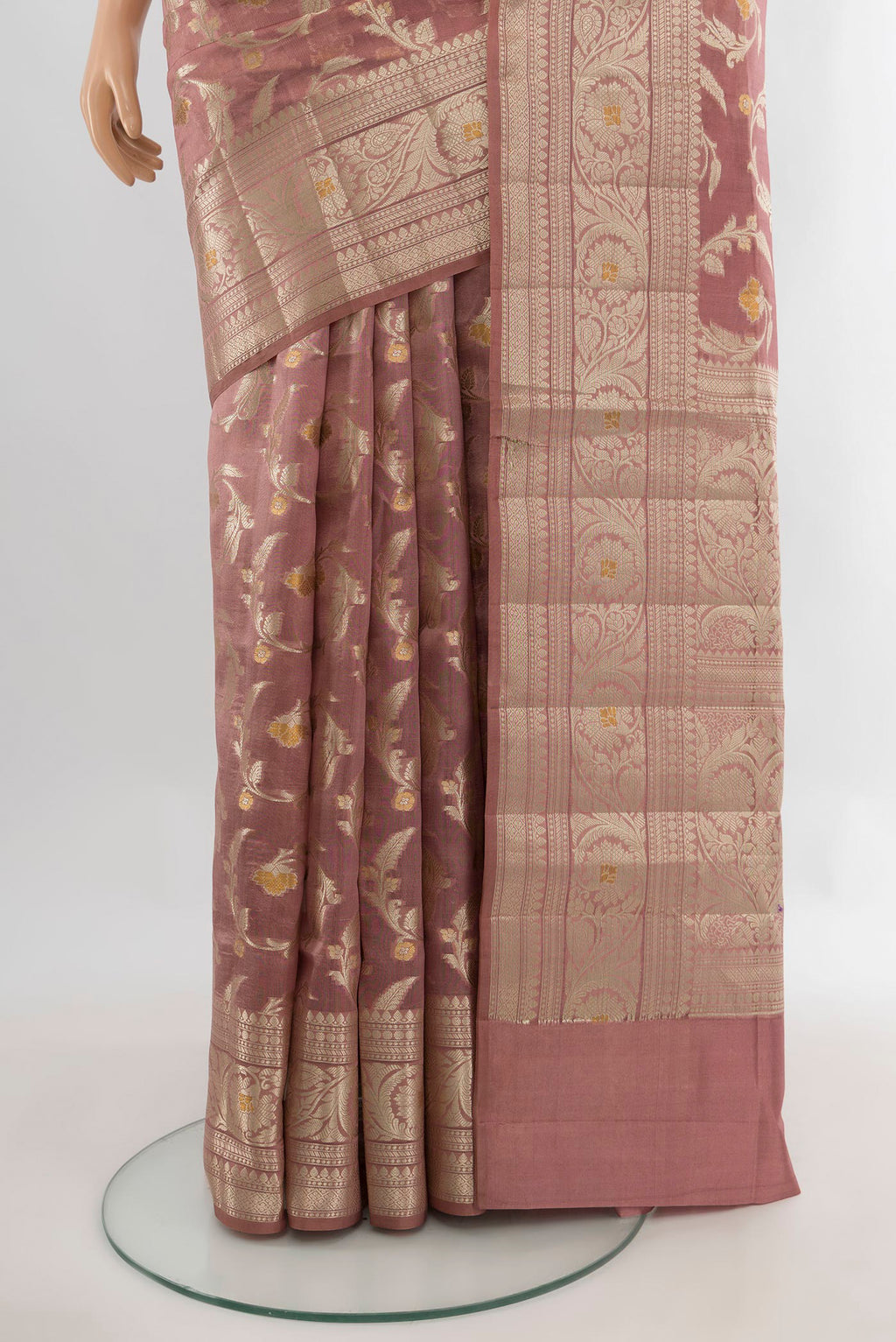 Pleats and pallu of Pure Silk Rose Gold Banarasi Raw Saree with Zari Butta on the body and Zari Border. 