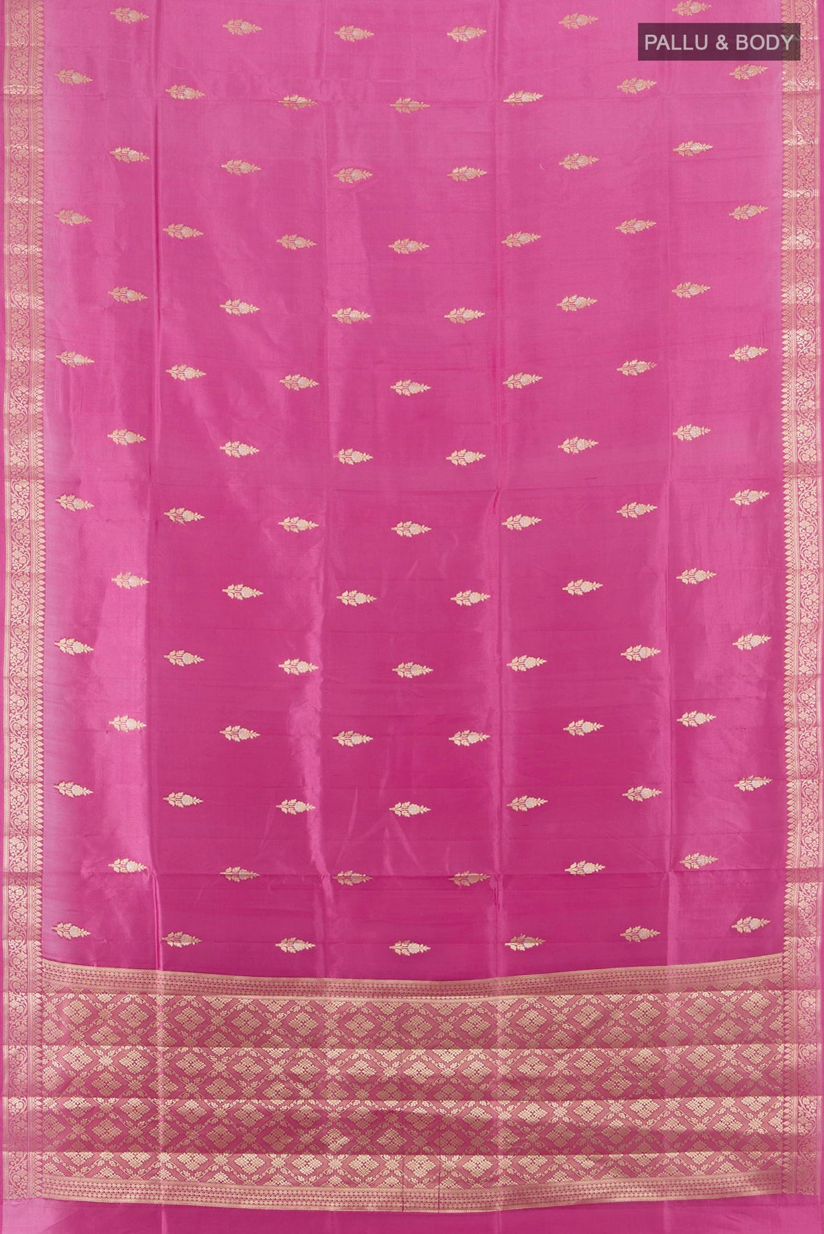 Flat view of Pure Silk Pink Banarasi Raw Saree with Zari Butta on the body and Zari Border. 