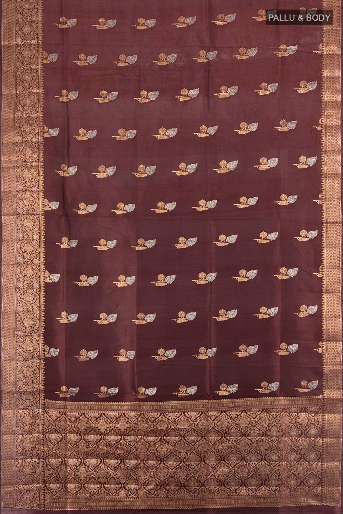 Flat view of Pure Silk Coffee Brown Banarasi Raw Saree with Zari Butta on the body and Zari Border. 