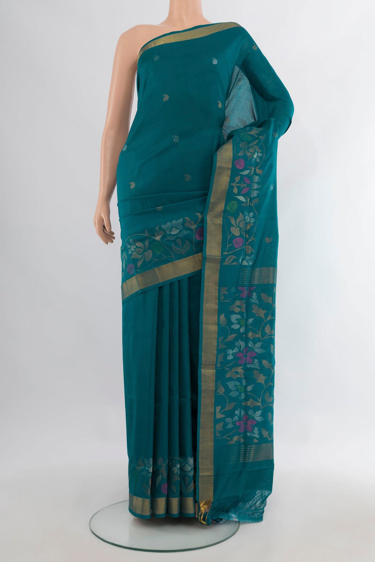 Pure Silk Teal Uppada Saree with Zari Butta on the body and Zari Border.  displayed on a mannequin