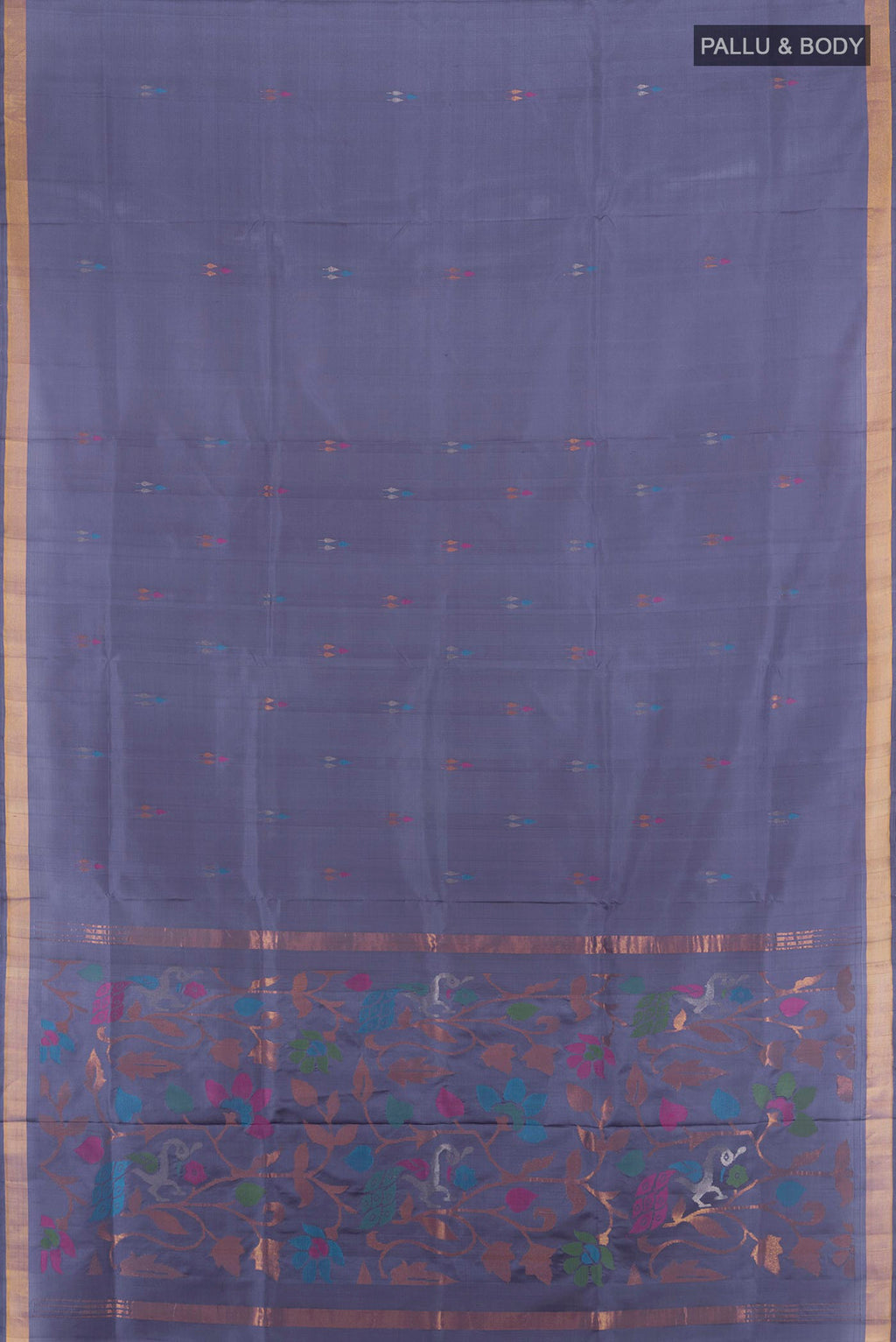 Flat view of Pure Silk Grey Uppada Saree with Zari And Thread Butta on the body and Zari Border. 