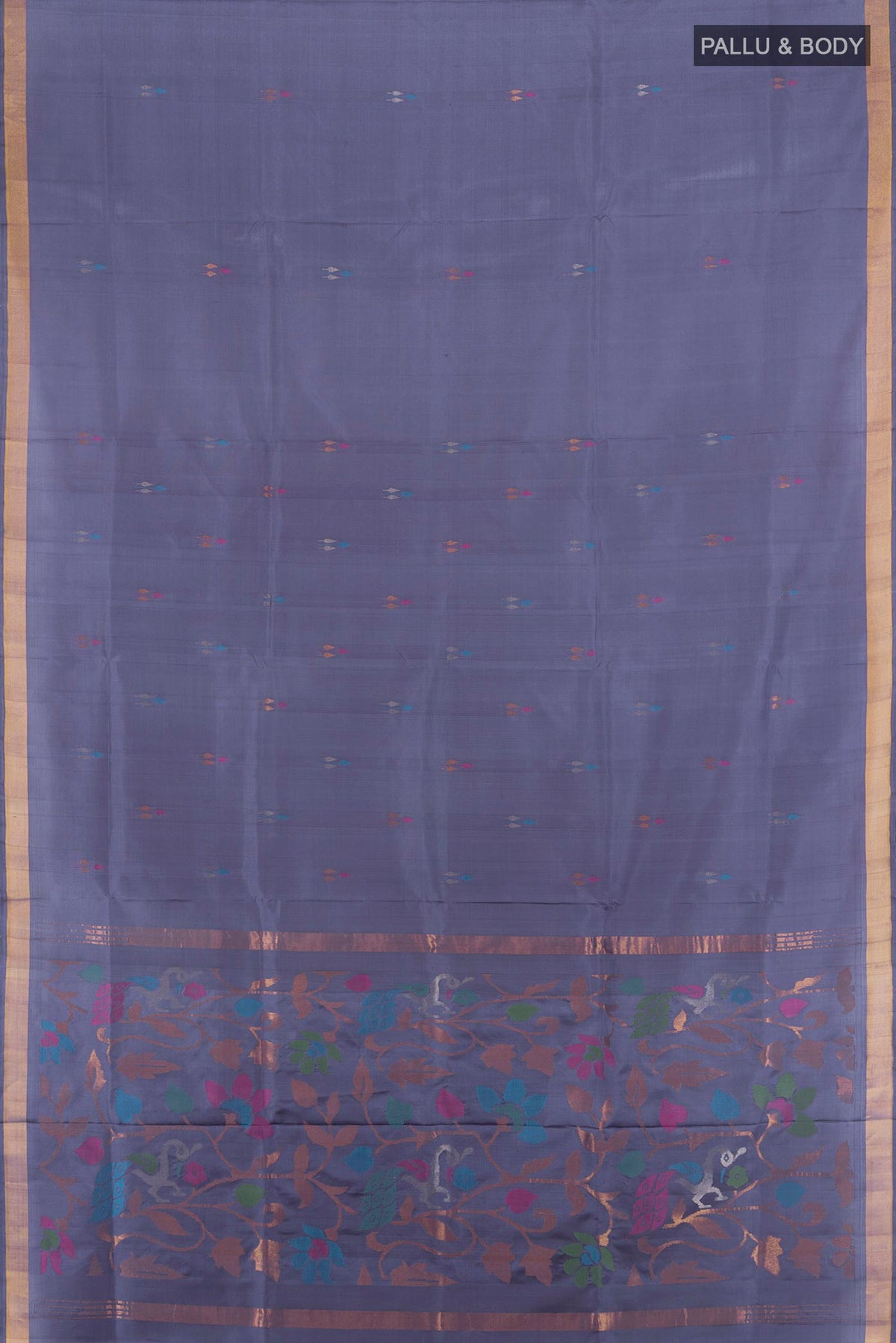 Flat view of Pure Silk Grey Uppada Saree with Zari And Thread Butta on the body and Zari Border. 