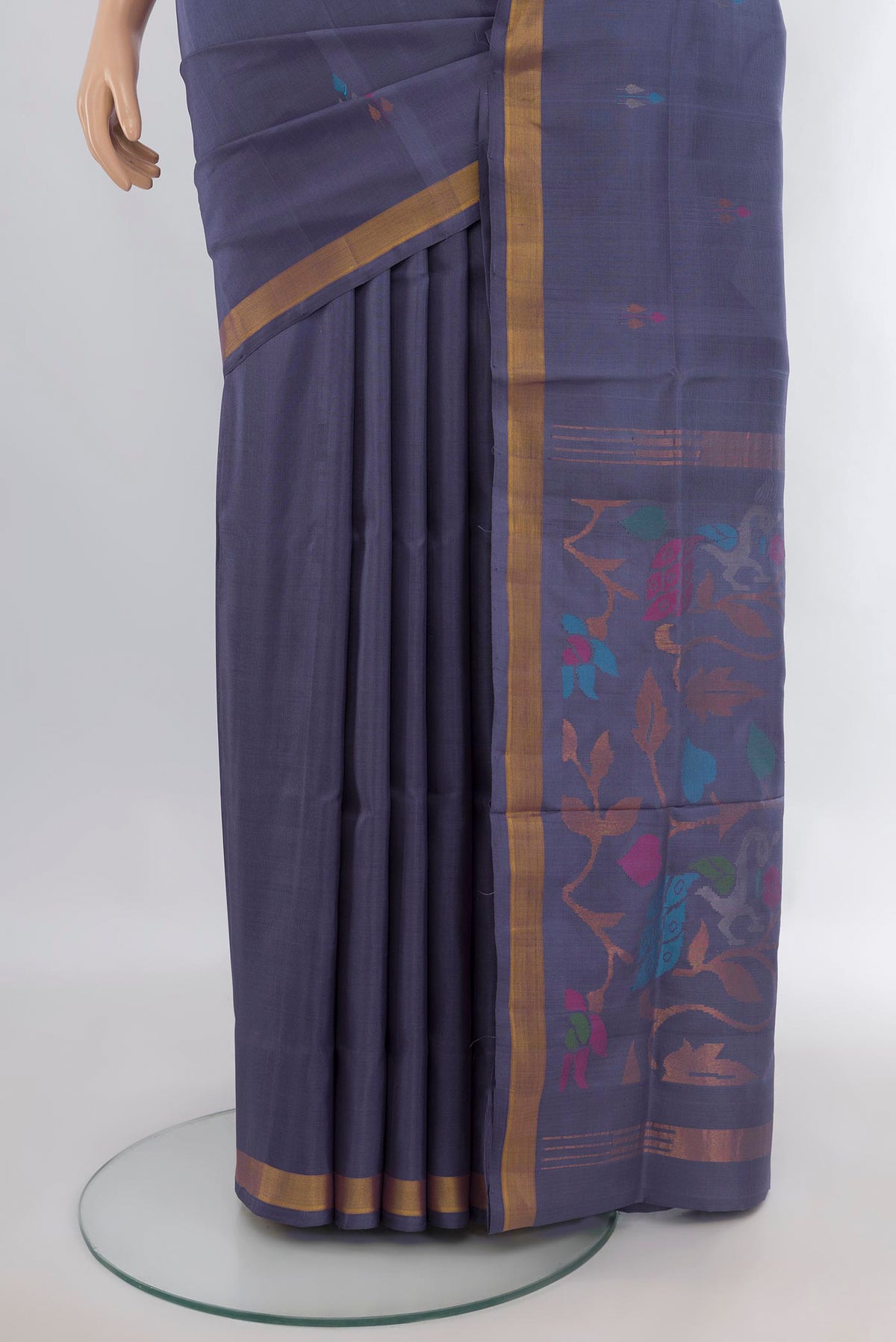 Pleats and pallu of Pure Silk Grey Uppada Saree with Zari And Thread Butta on the body and Zari Border. 