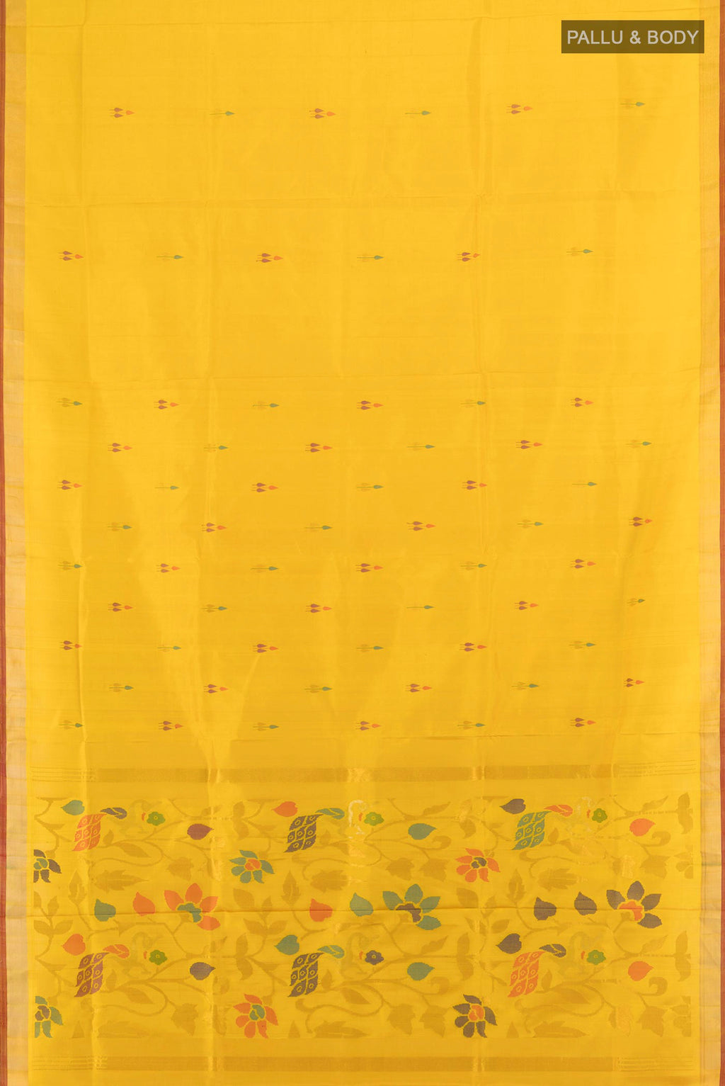 Flat view of Pure Silk Yellow Uppada Saree with Zari And Thread Butta on the body and Zari Border. 