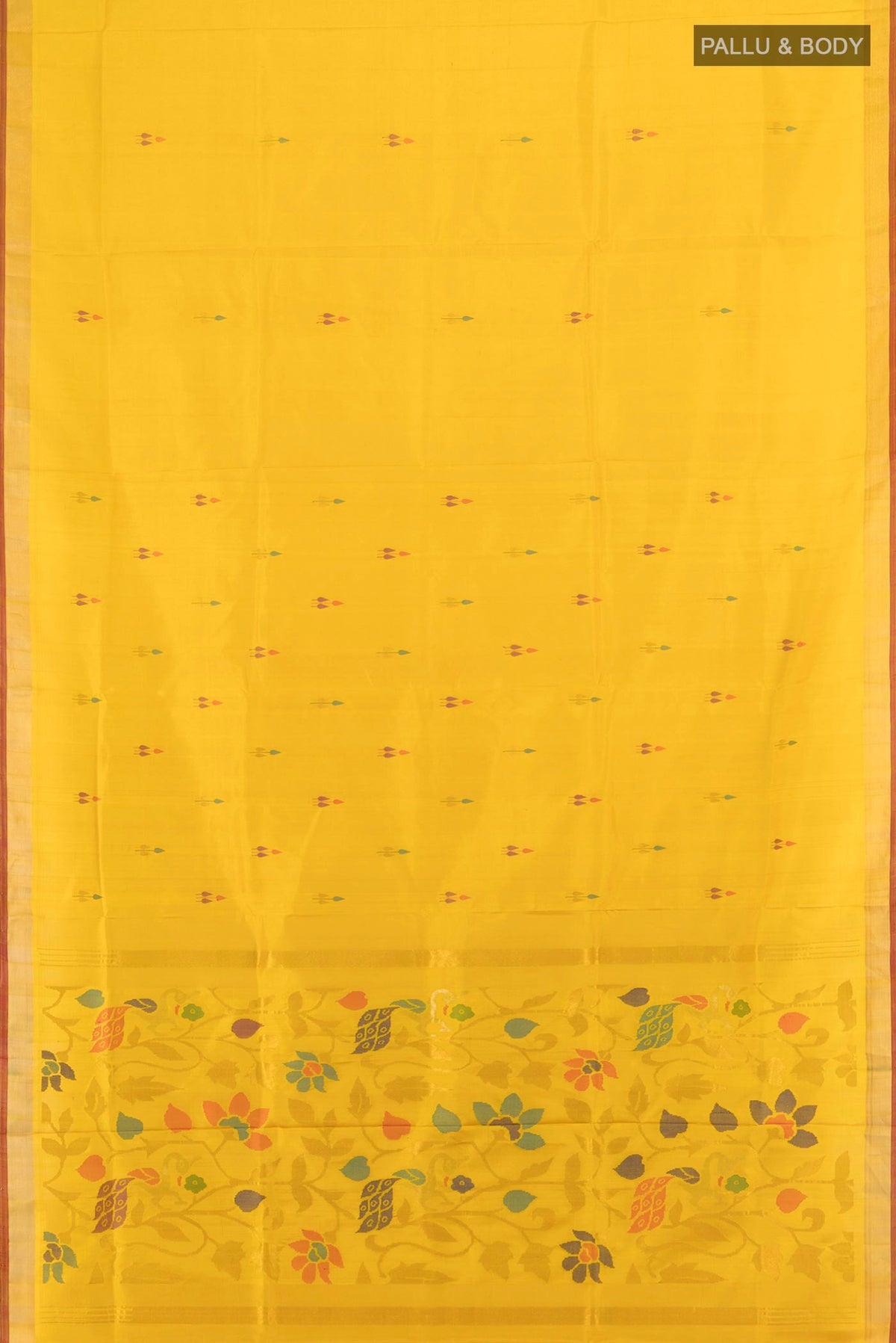 Flat view of Pure Silk Yellow Uppada Saree with Zari And Thread Butta on the body and Zari Border. 