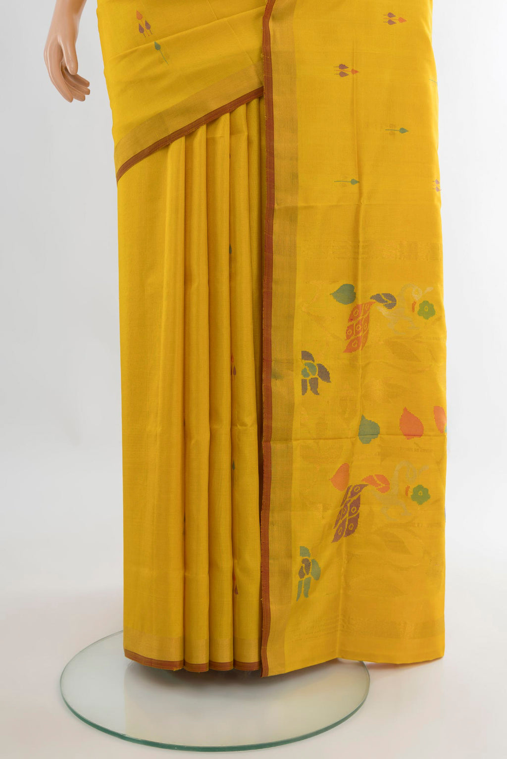 Pleats and pallu of Pure Silk Yellow Uppada Saree with Zari And Thread Butta on the body and Zari Border. 