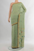 Pure Silk Light Green Uppada Saree with Zari And Thread Butta on the body and Zari Border.  displayed on a mannequin