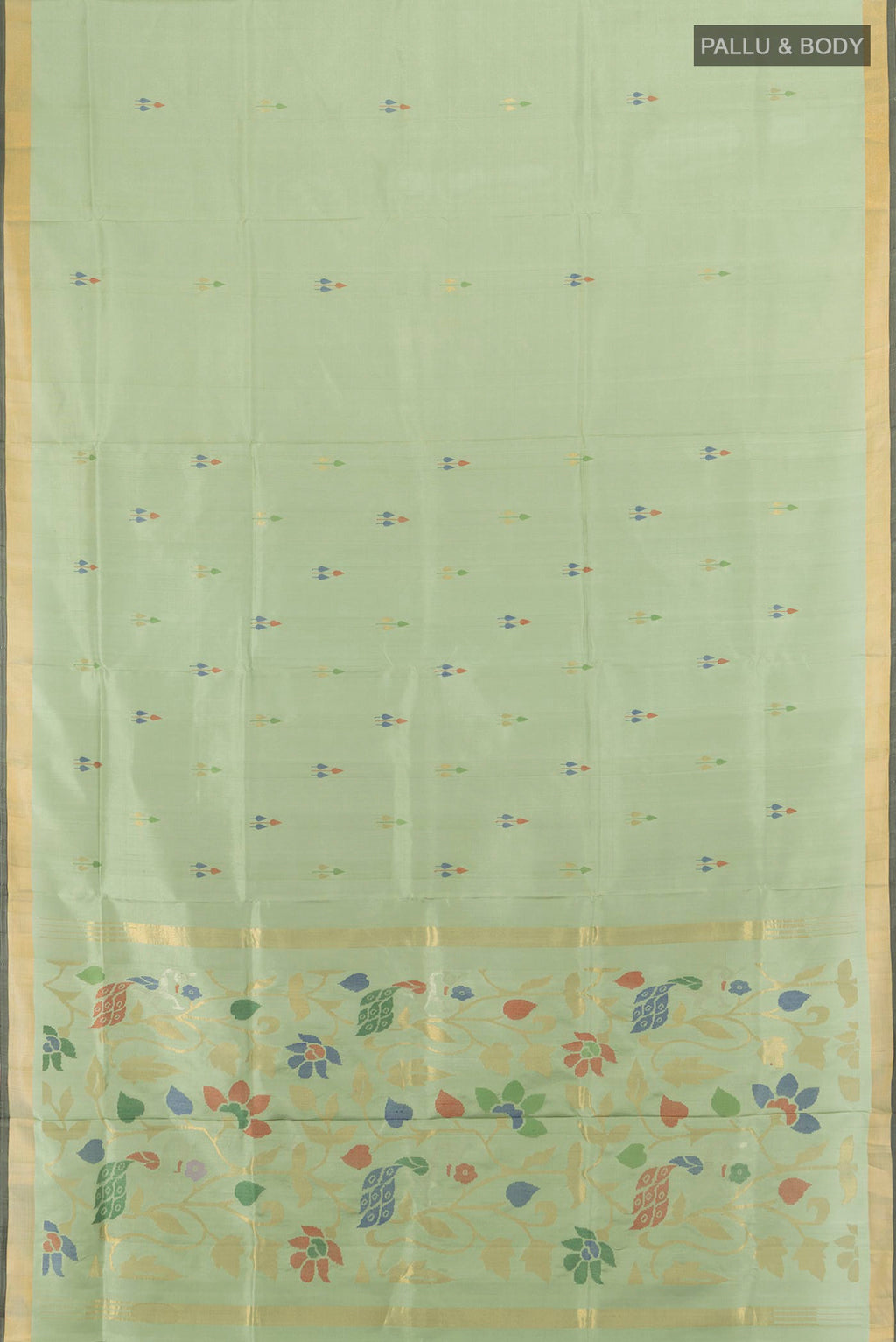 Flat view of Pure Silk Light Green Uppada Saree with Zari And Thread Butta on the body and Zari Border. 