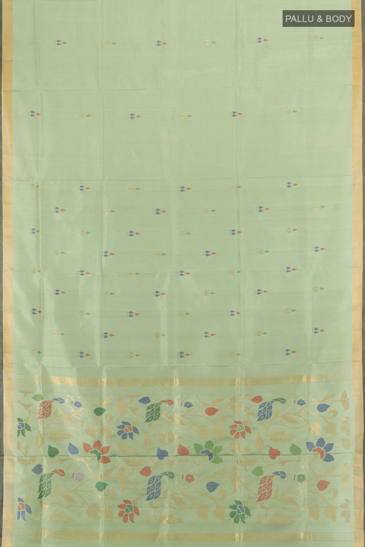 Flat view of Pure Silk Light Green Uppada Saree with Zari And Thread Butta on the body and Zari Border. 