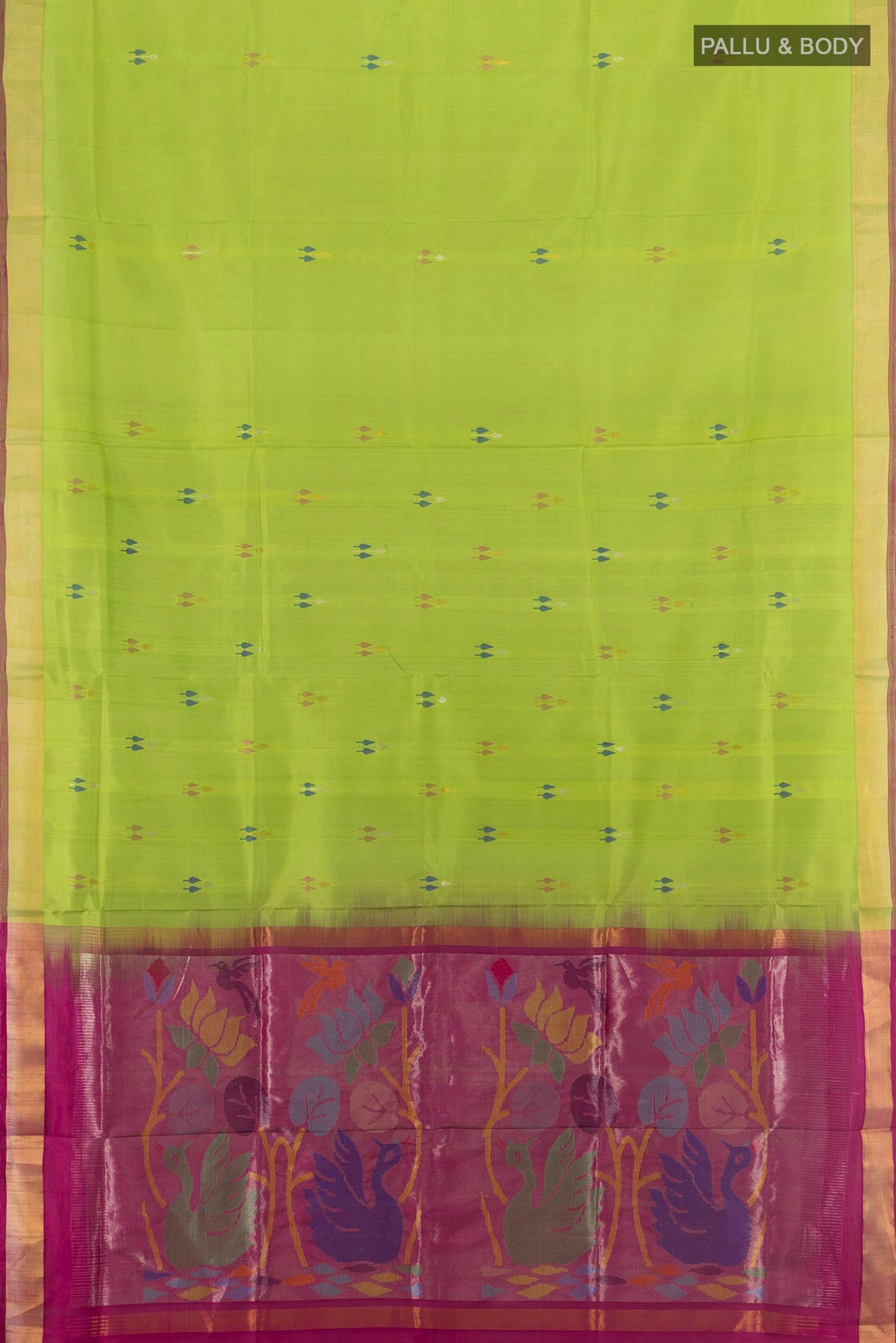 Flat view of Pure Silk Light Green Uppada Saree with Zari And Thread Butta on the body and Zari Border. 