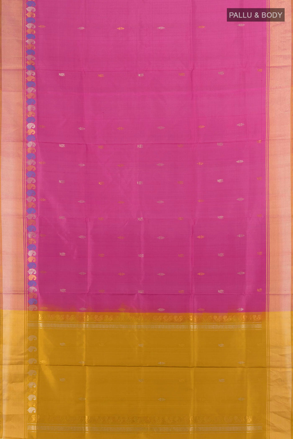 Flat view of Pure Silk Bronze Uppada Saree with Zari Butta on the body and Silk Border. 