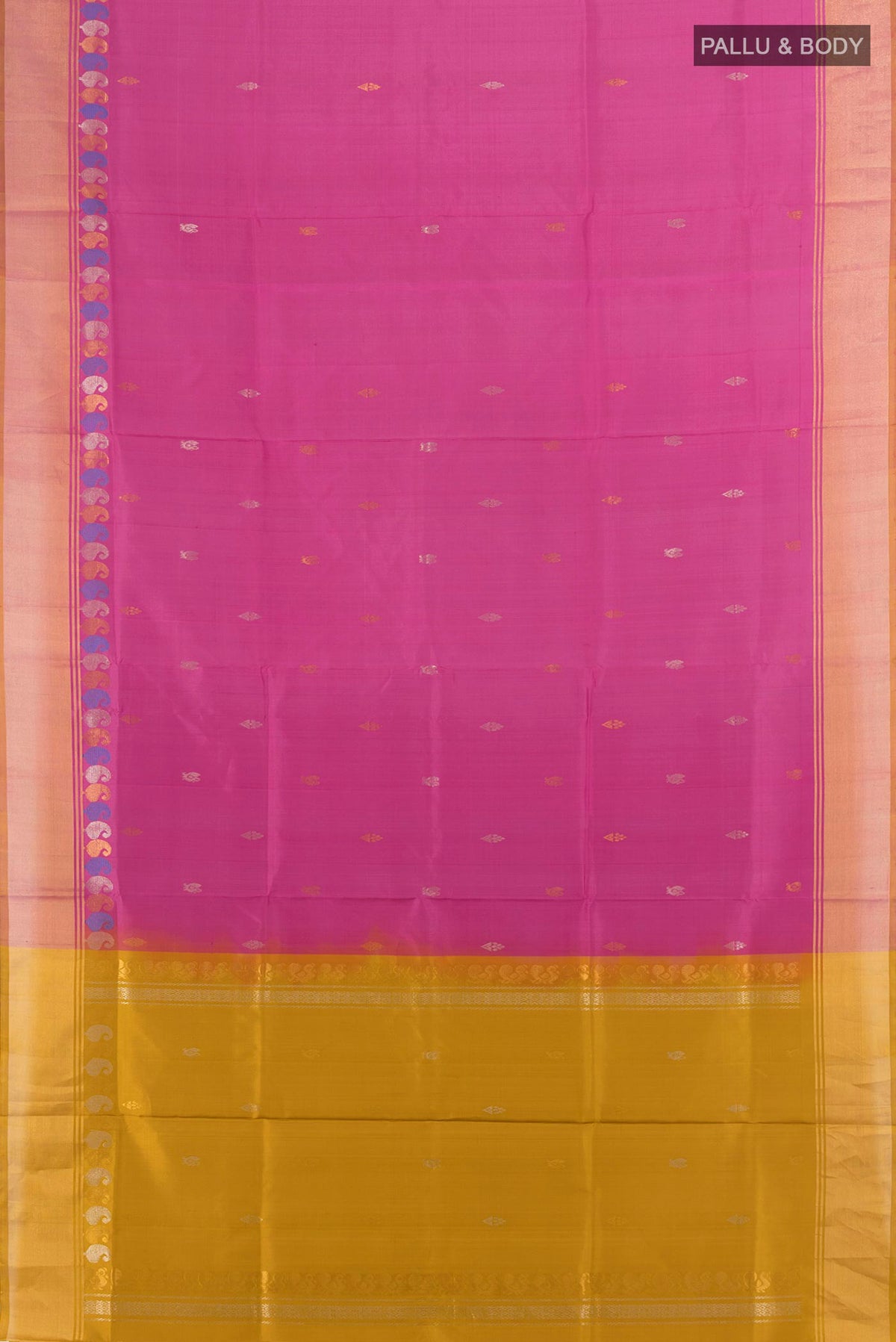 Flat view of Pure Silk Bronze Uppada Saree with Zari Butta on the body and Silk Border. 