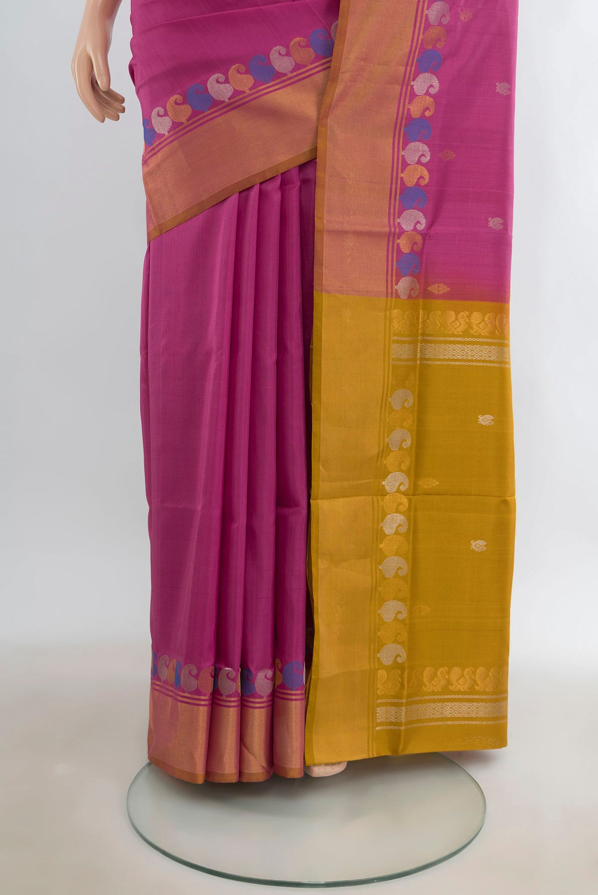 Pleats and pallu of Pure Silk Bronze Uppada Saree with Zari Butta on the body and Silk Border. 