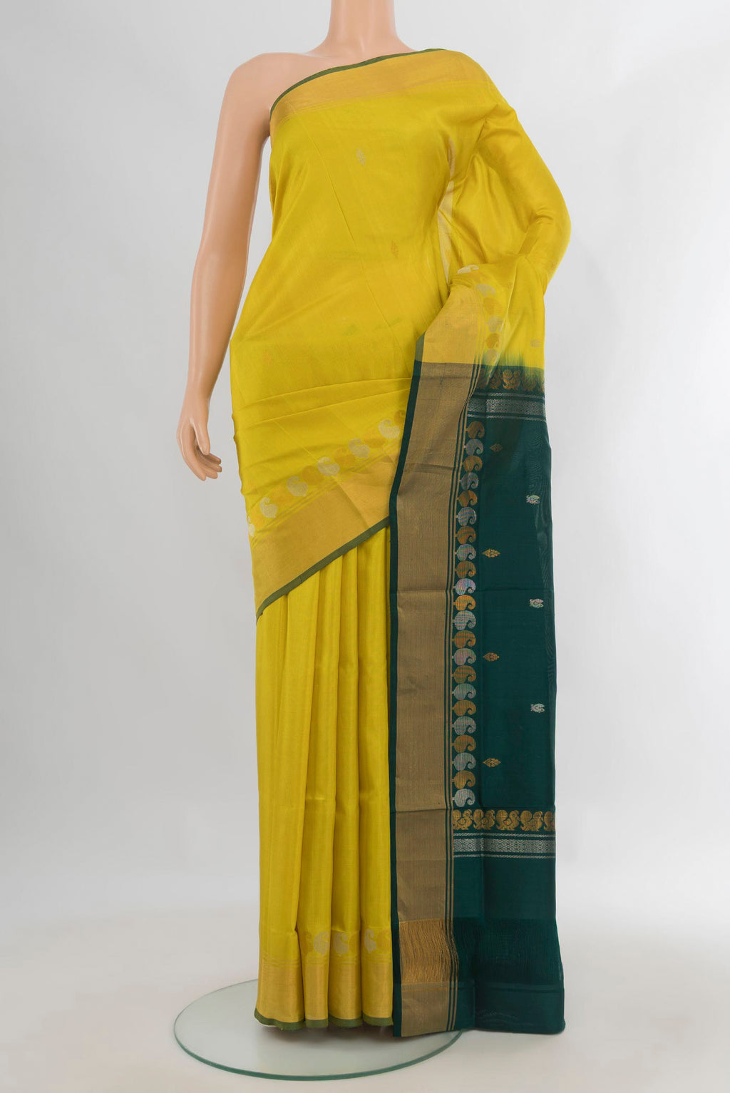 Pure Silk Yellow Uppada Saree with Zari Butta on the body and Zari Border.  displayed on a mannequin