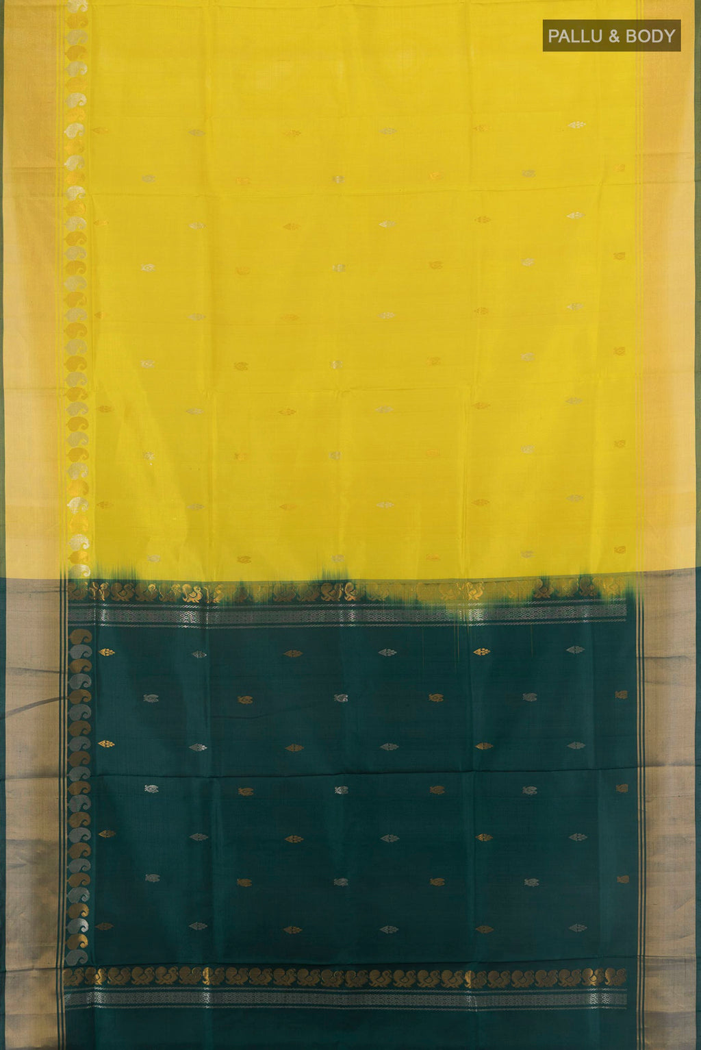 Flat view of Pure Silk Yellow Uppada Saree with Zari Butta on the body and Zari Border. 