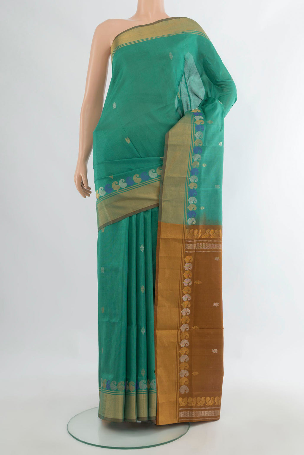 Pure Silk Sea Green Uppada Saree with Zari Butta on the body and Zari Border.  displayed on a mannequin