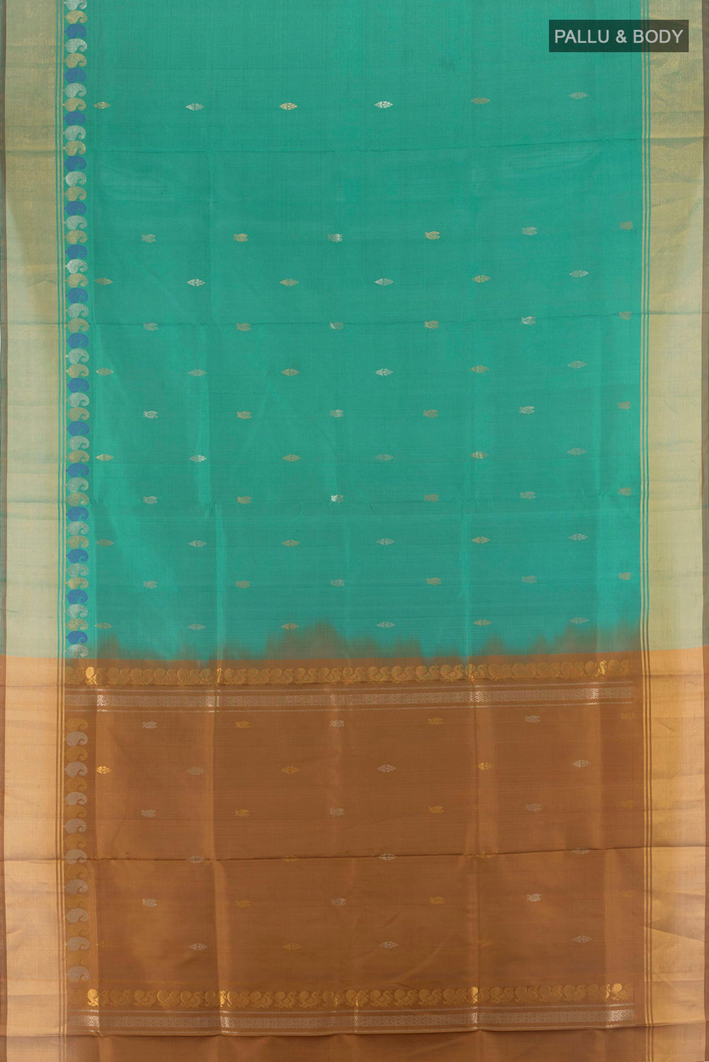 Flat view of Pure Silk Sea Green Uppada Saree with Zari Butta on the body and Zari Border. 