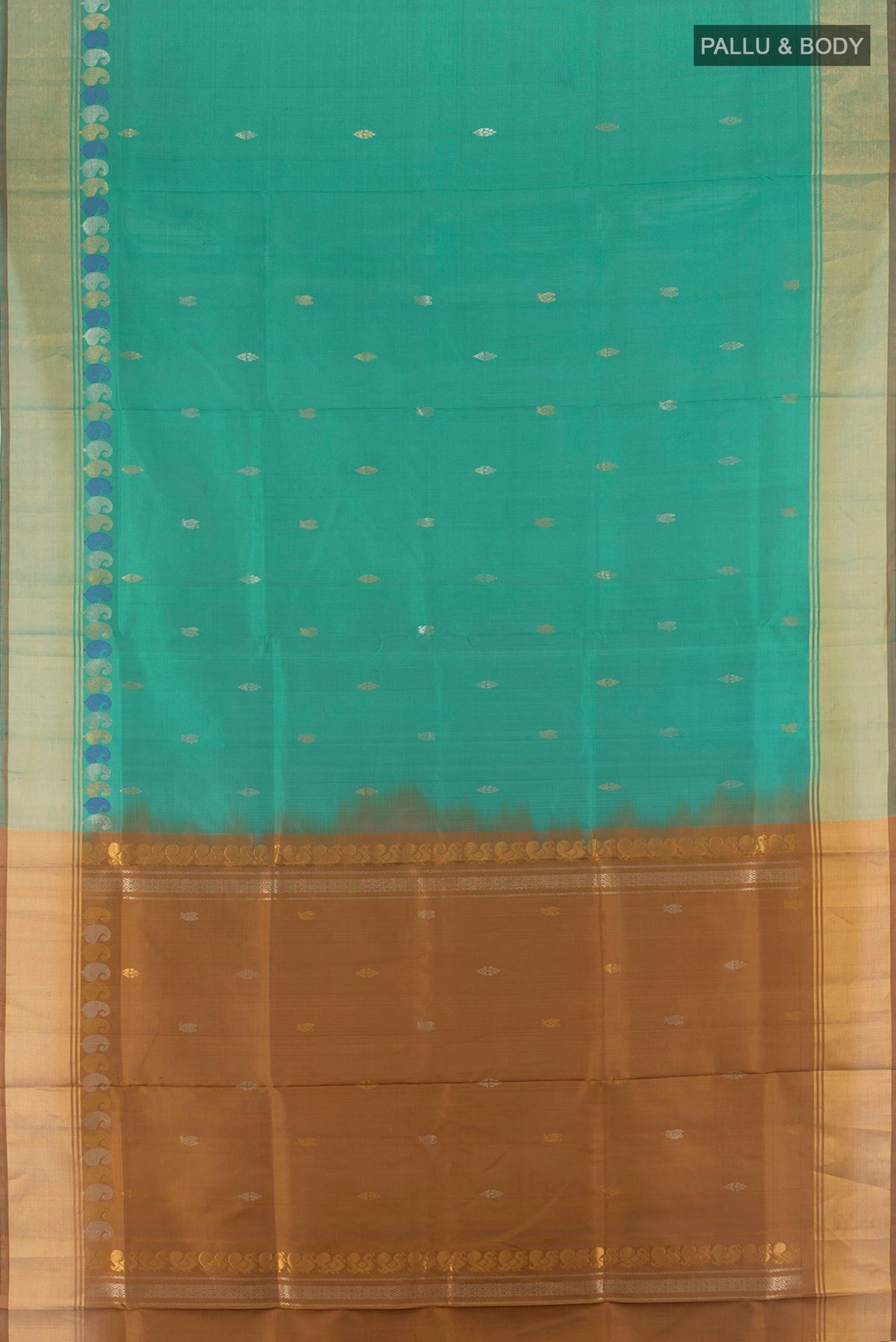 Flat view of Pure Silk Sea Green Uppada Saree with Zari Butta on the body and Zari Border. 