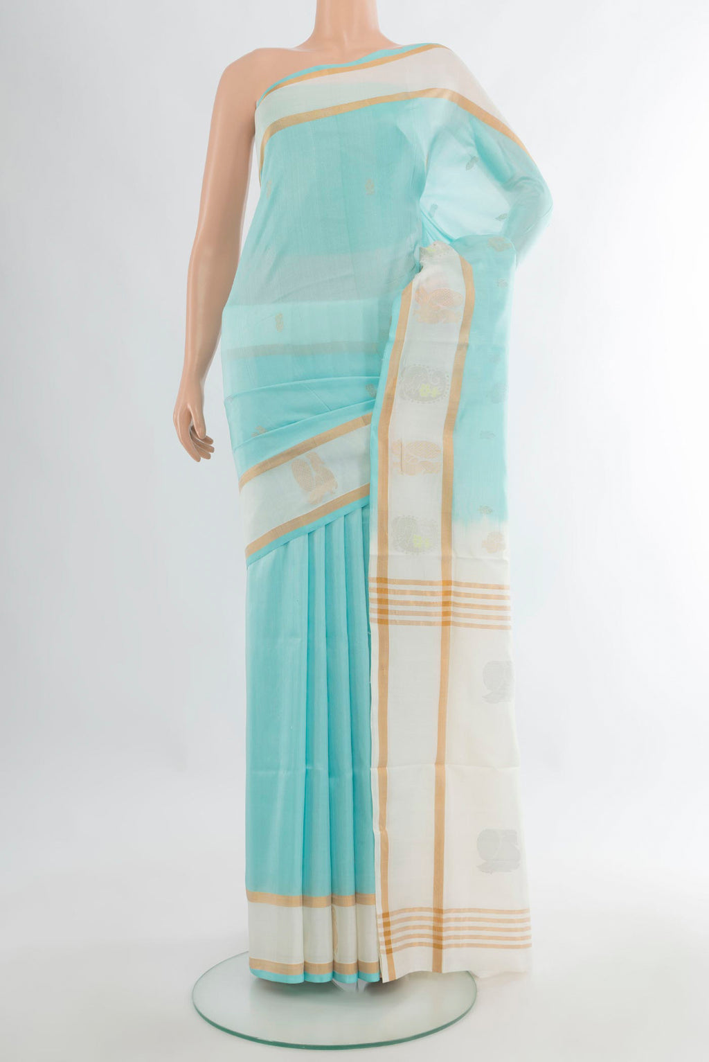 Pure Silk Mint Green Uppada Saree with Zari Butta on the body and Plain Border.  displayed on a mannequin