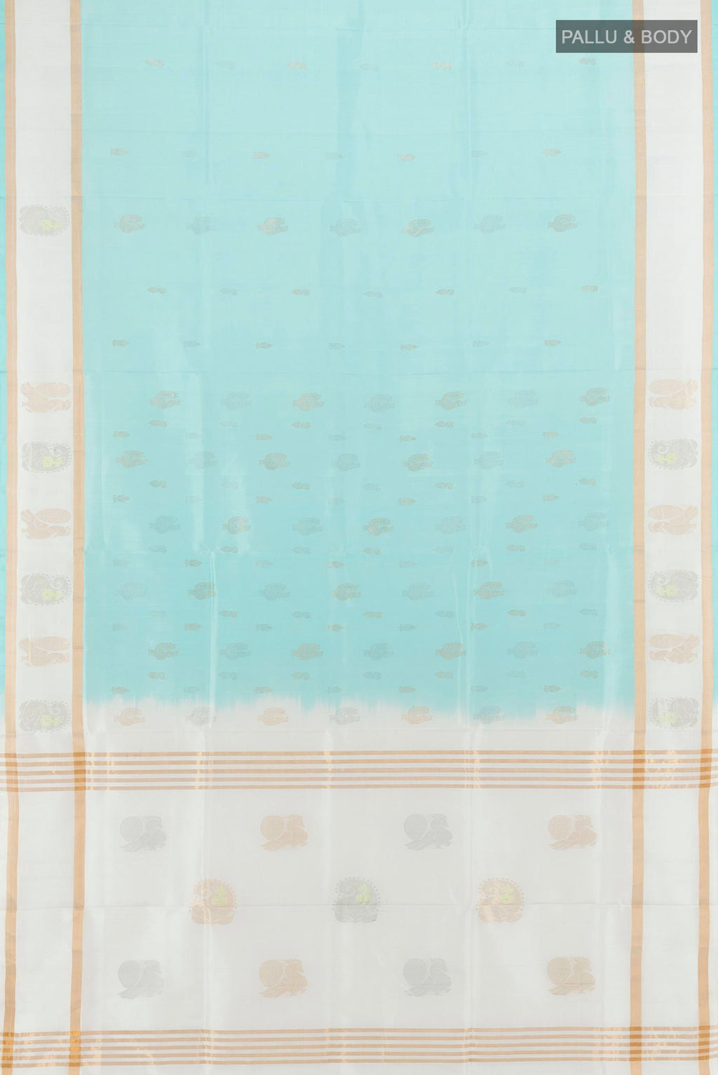 Flat view of Pure Silk Mint Green Uppada Saree with Zari Butta on the body and Plain Border. 